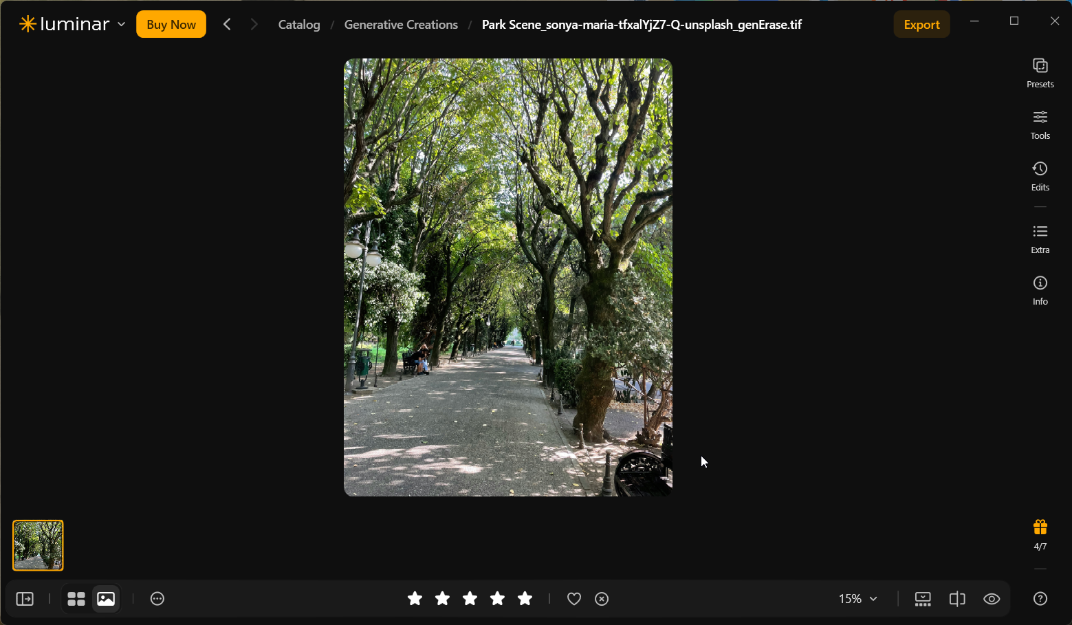 Luminar Neo Catalog opened to Generative Creations, displaying the cleaned tree-lined walkway as a _genErase.tif image after saving.