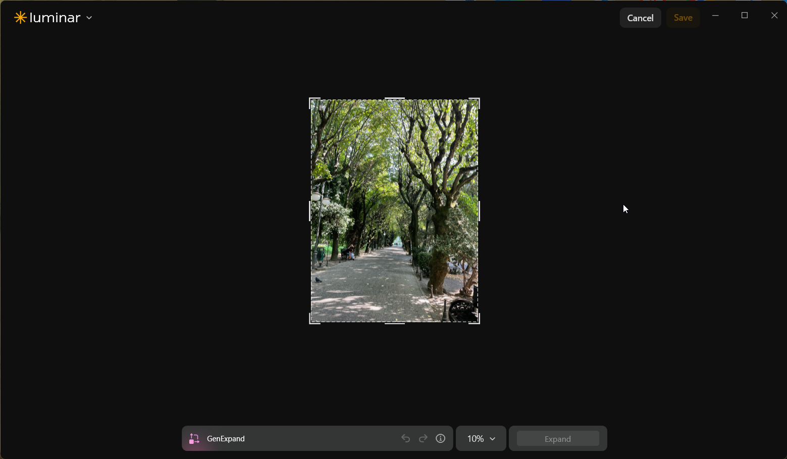 Luminar Neo GenExpand workspace showing the original vertical park photograph inside a narrow editable frame before extension.