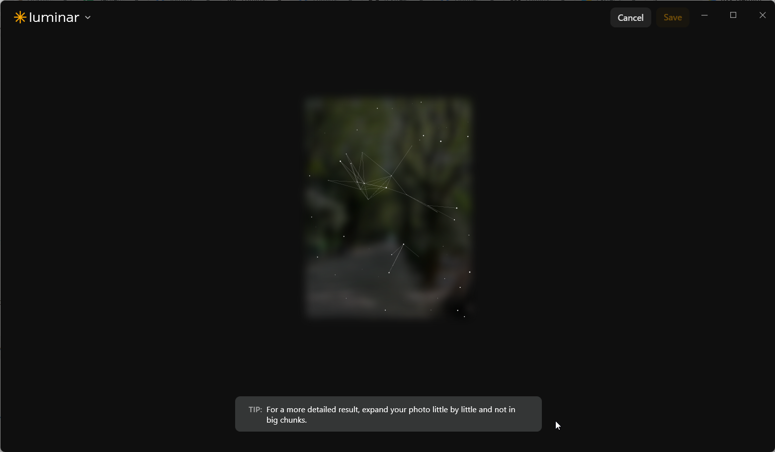 GenExpand generating an extended park scene with a blurred preview, moving point animation, and advice to expand images little by little.