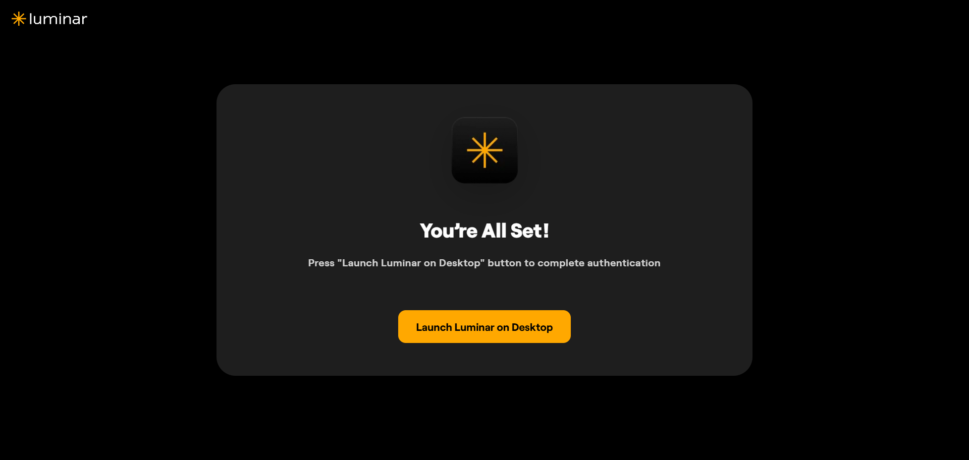 Luminar confirmation page shows a successful sign-in and a Launch Luminar on Desktop button.