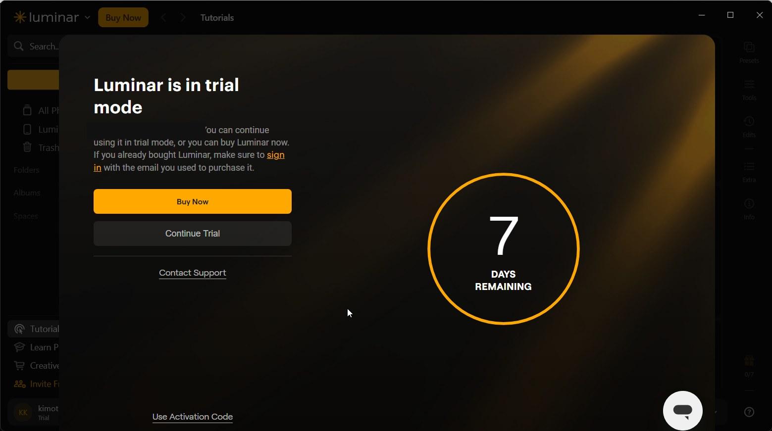 Luminar Neo trial dialog displaying Continue Trial and seven days remaining; account email obscured.