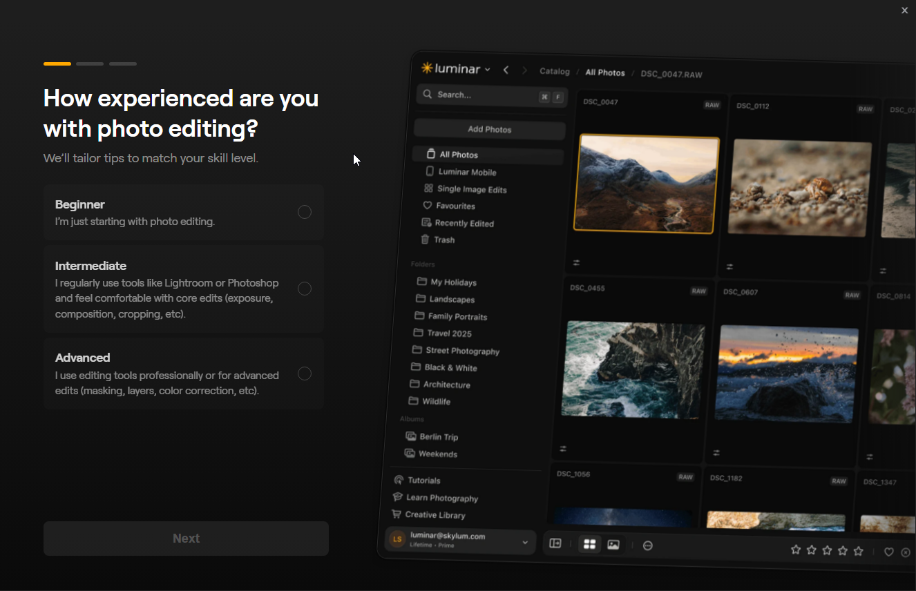 Luminar Neo onboarding asks users to choose Beginner, Intermediate, or Advanced photo-editing experience.