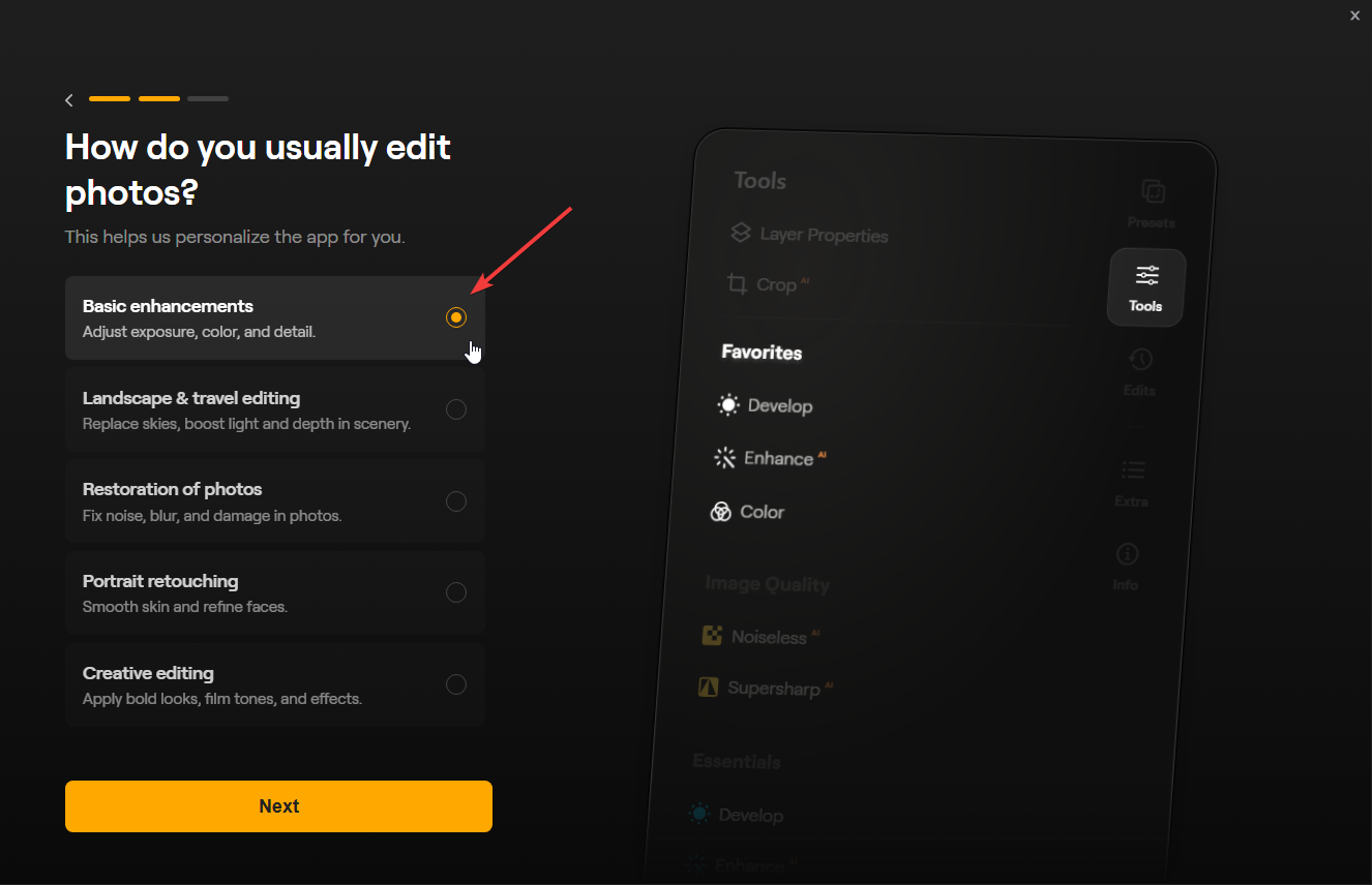 Luminar Neo onboarding screen with Basic enhancements selected and Develop, Enhance AI, and Color shown as favorite editing tools.