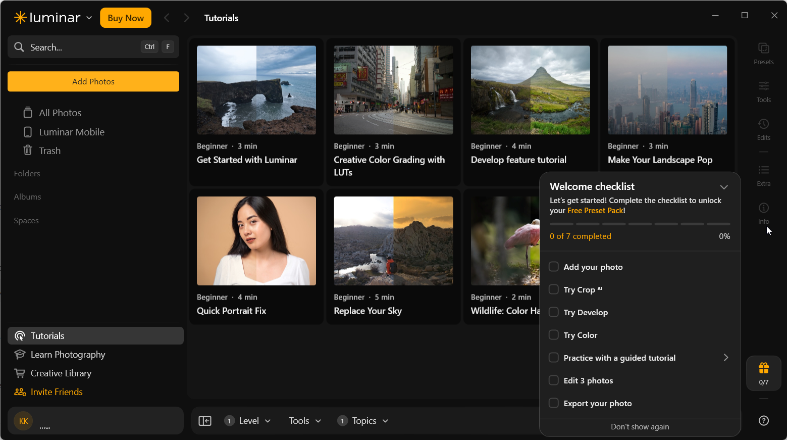 Luminar Neo Tutorials screen showing beginner video cards, an Add Photos button, and a welcome checklist with zero of seven tasks completed.