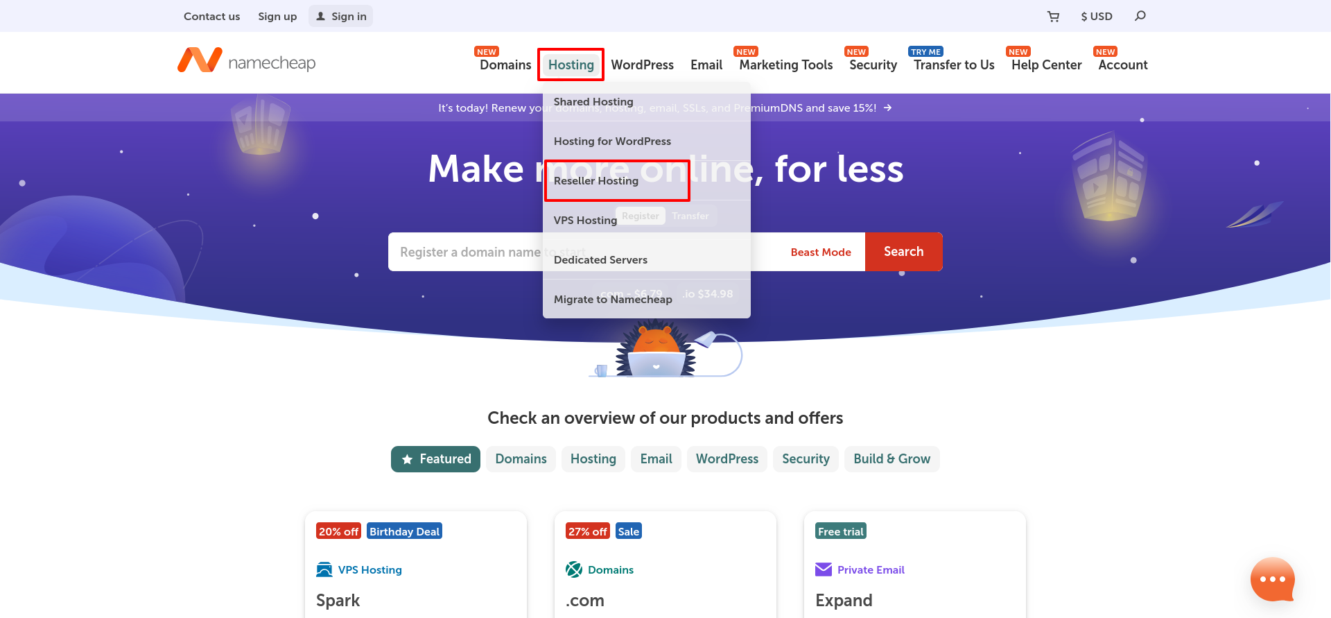 Namecheap homepage showing the Hosting dropdown menu with the Reseller Hosting option highlighted.