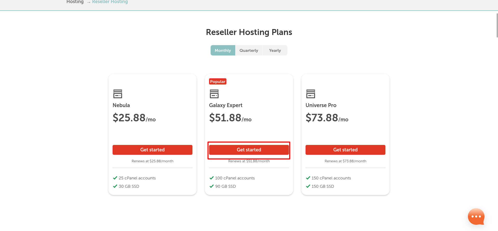 Namecheap reseller hosting pricing page displaying Nebula, Galaxy Expert, and Universe Pro plans with monthly prices, renewal rates, and account limits.