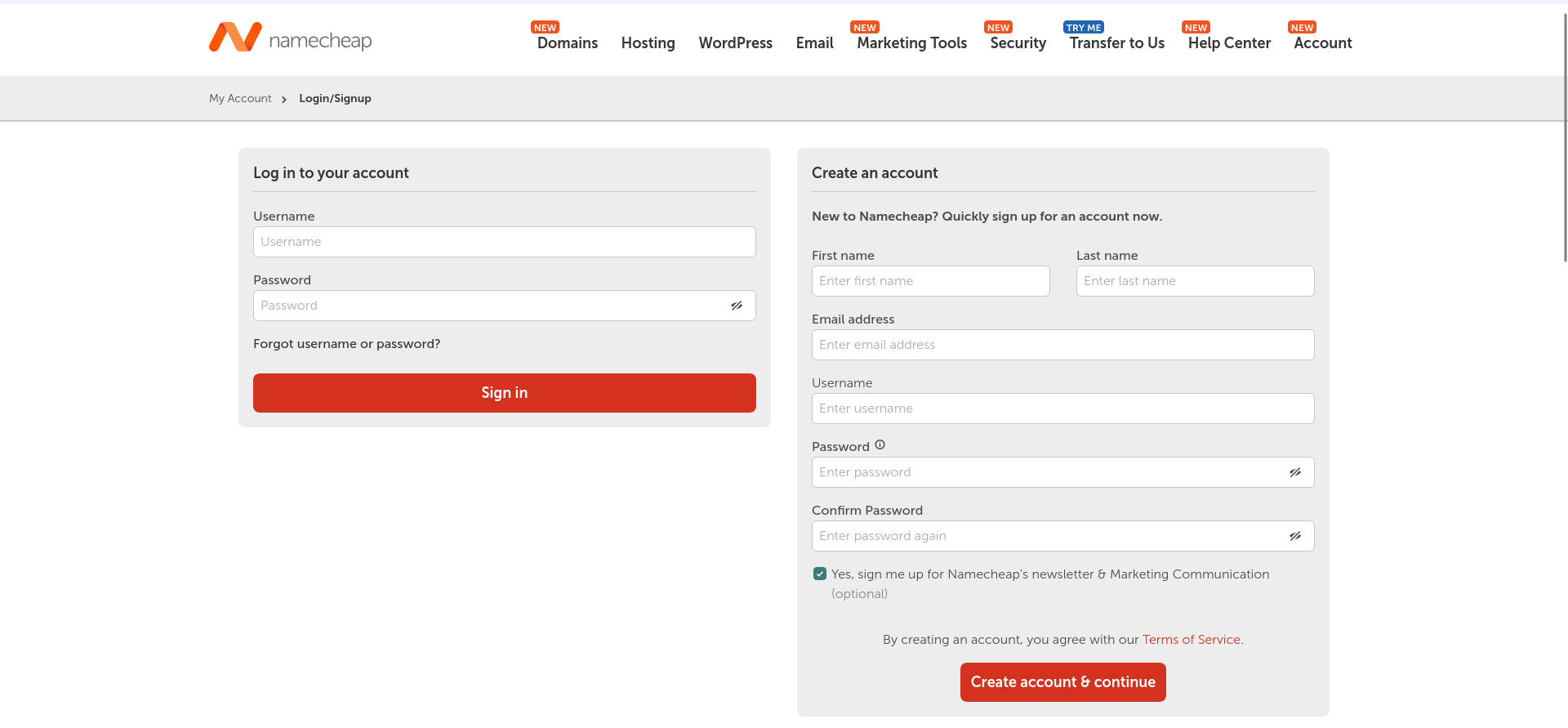 Namecheap account login and registration page showing separate forms for existing customers and new users.