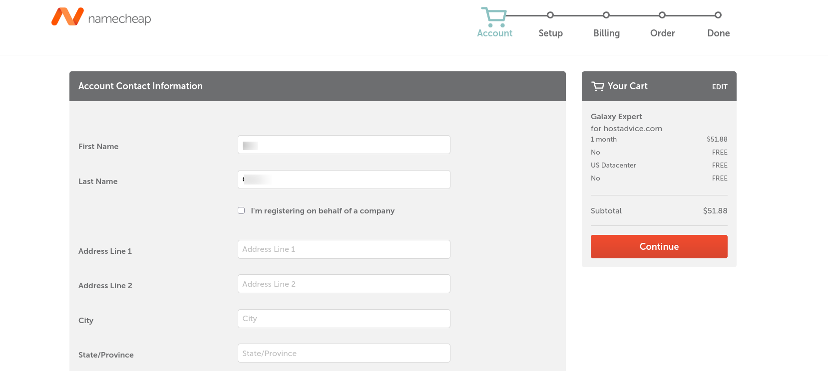 Namecheap Account Contact Information checkout page showing billing address and phone number fields alongside the reseller hosting order summary.