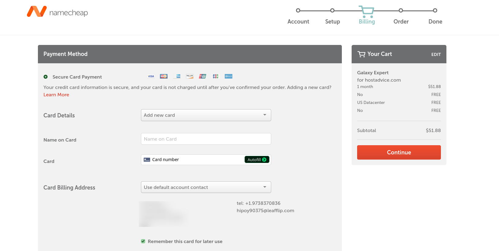 Namecheap reseller hosting payment page displaying available payment methods, billing address, receipt details, and automatic renewal settings.