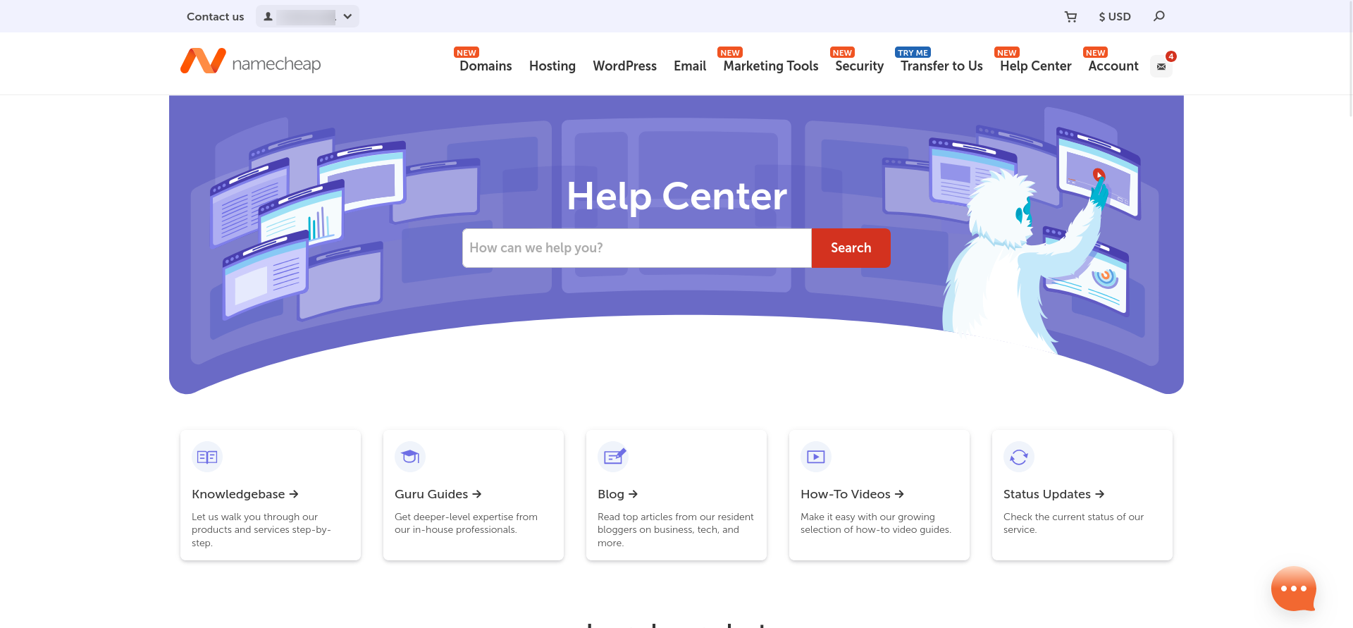 Namecheap Help Center showing live chat, support ticket, and Knowledgebase options for customers.