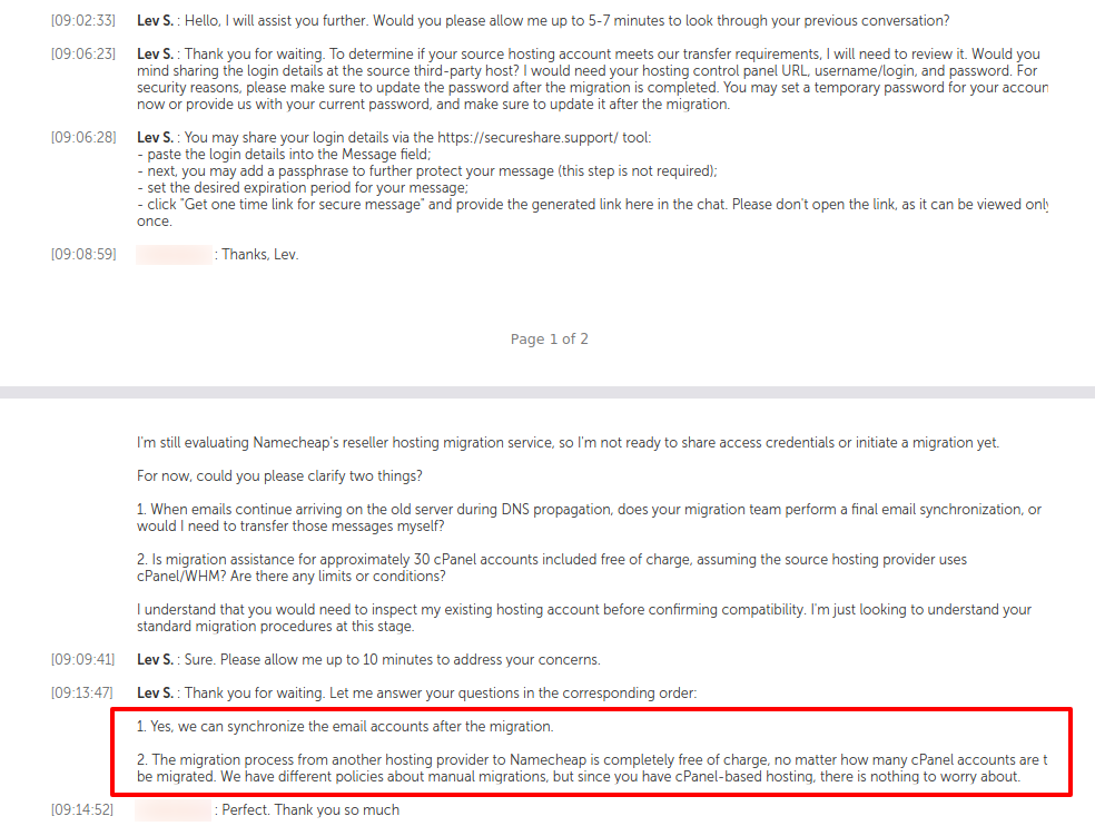 Namecheap live chat showing Lev S. confirming post-migration email synchronization and free cPanel migration assistance.