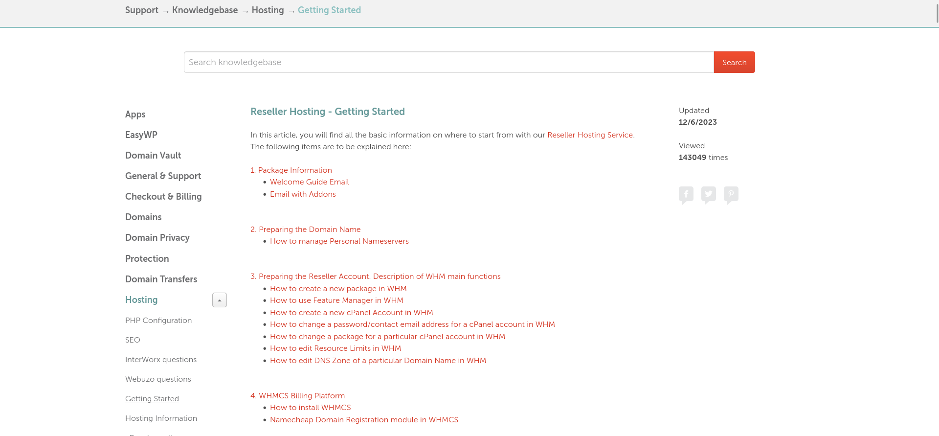 Namecheap Reseller Hosting – Getting Started Knowledgebase guide showing its linked sections for WHM packages, cPanel accounts, DNS, and WHMCS.