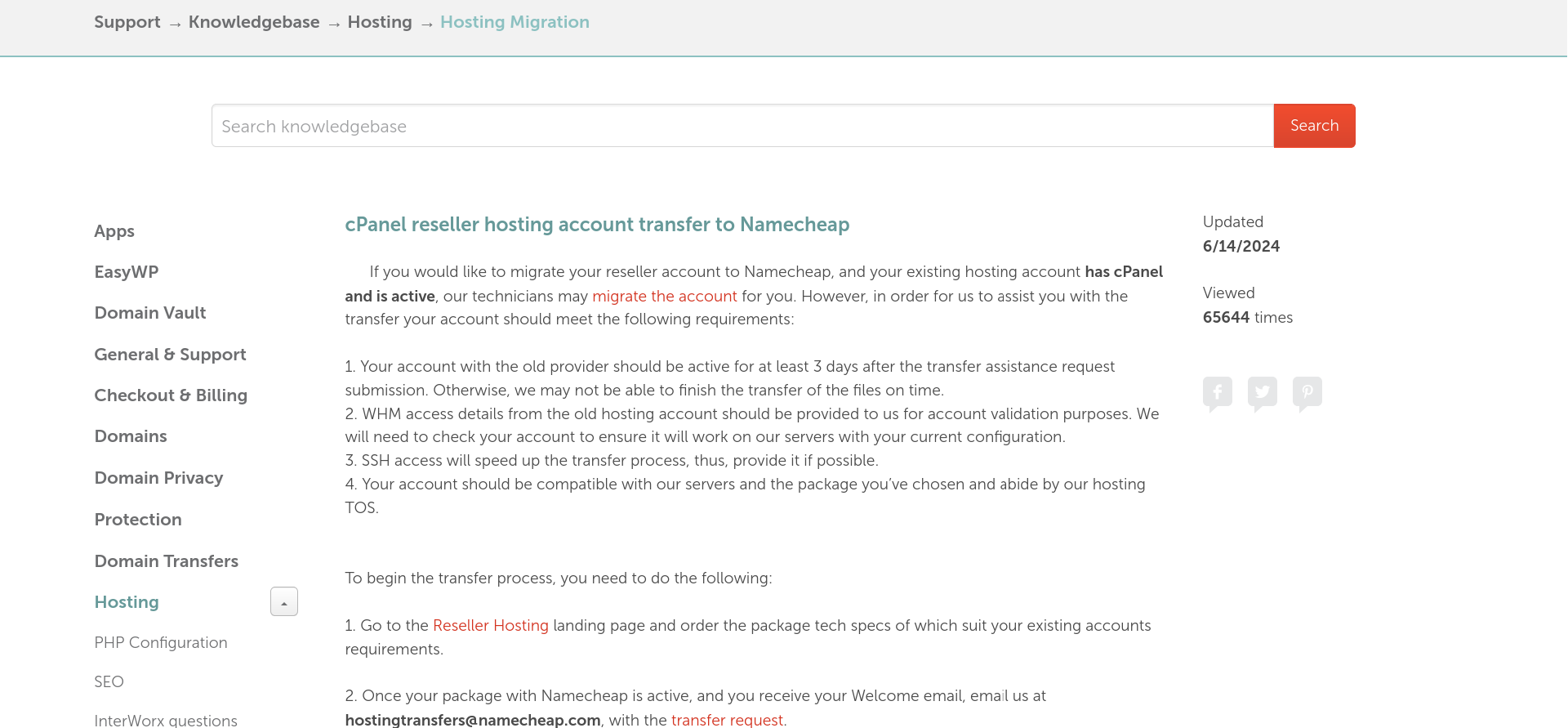 Namecheap cPanel reseller hosting transfer guide showing source account requirements, WHM and SSH access, and the process for requesting a migration.