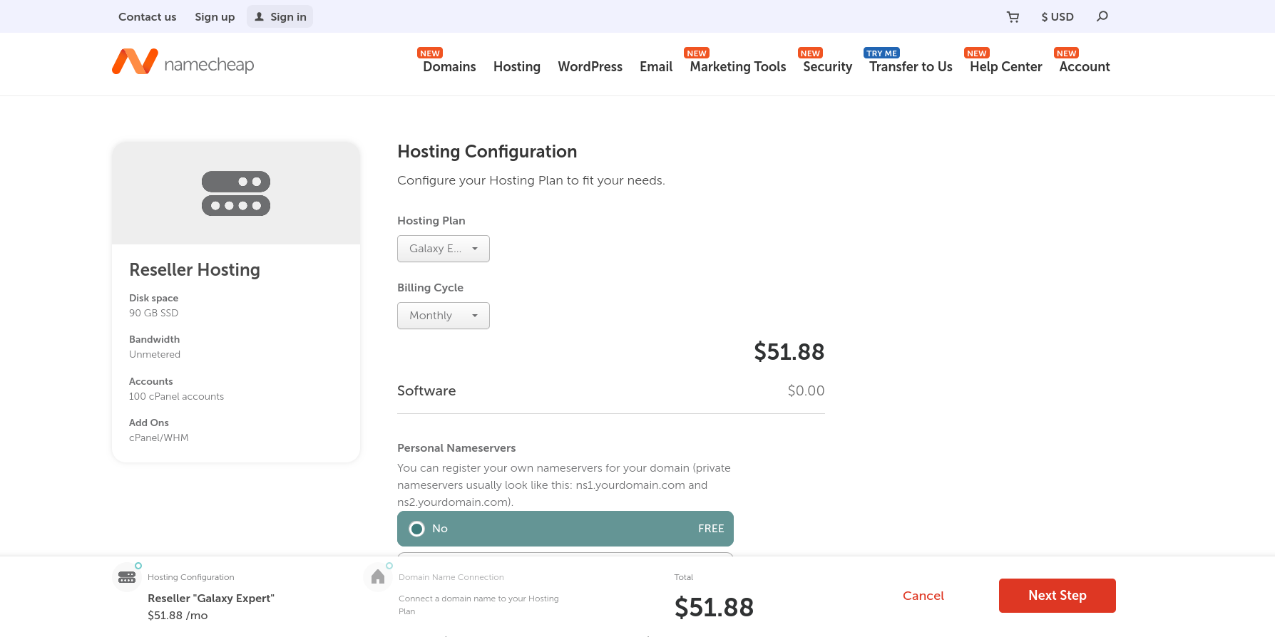 Namecheap hosting configuration page showing the selected Galaxy Expert reseller hosting package and its resource specifications.