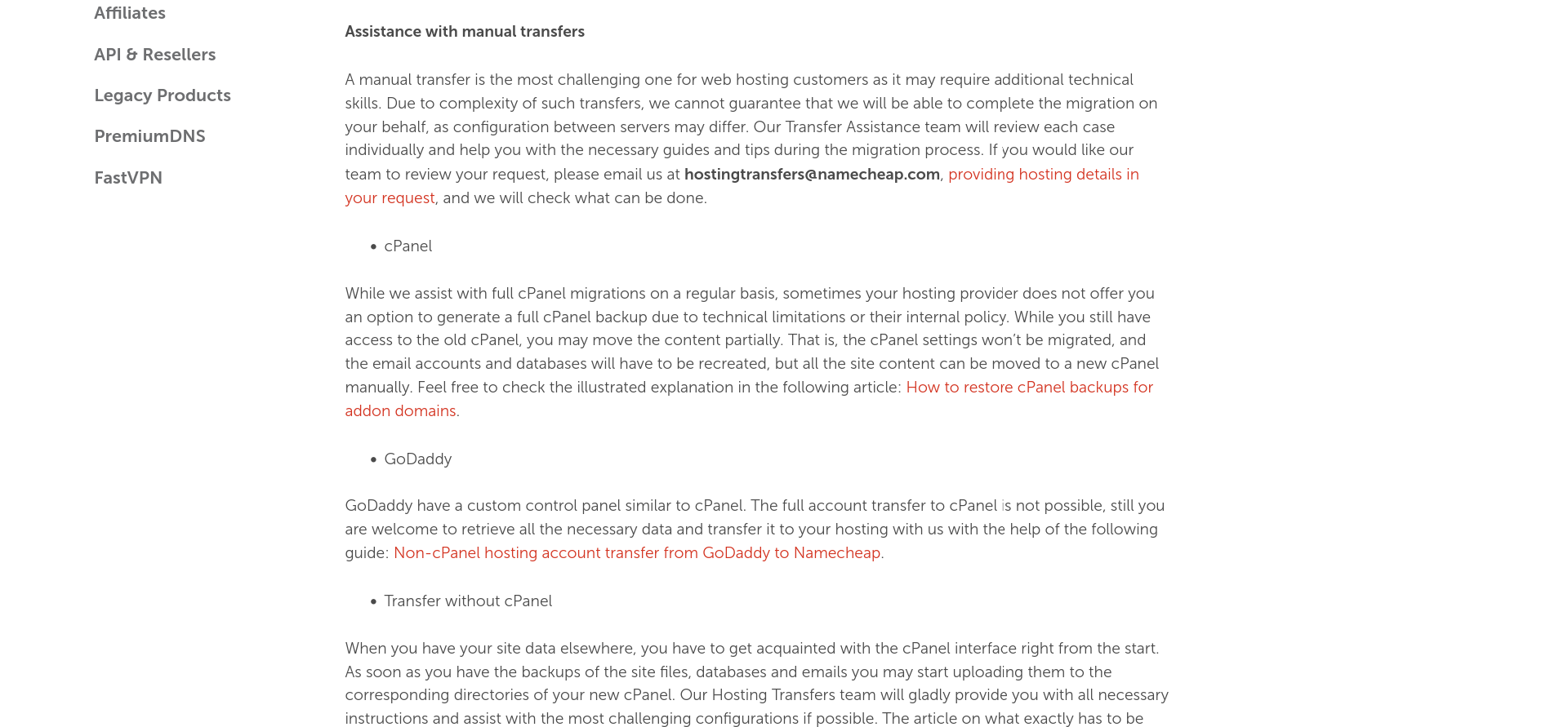 Namecheap Hosting migration to Namecheap Knowledgebase article distinguishing full cPanel transfers from manual email transfer assistance.
