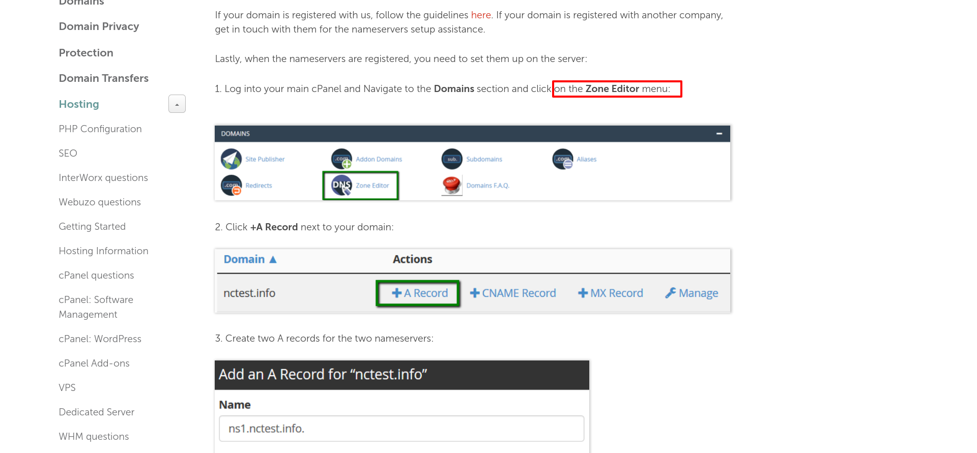 Namecheap personal nameservers documentation showing the cPanel Zone Editor and WHM steps for branded reseller nameservers.
