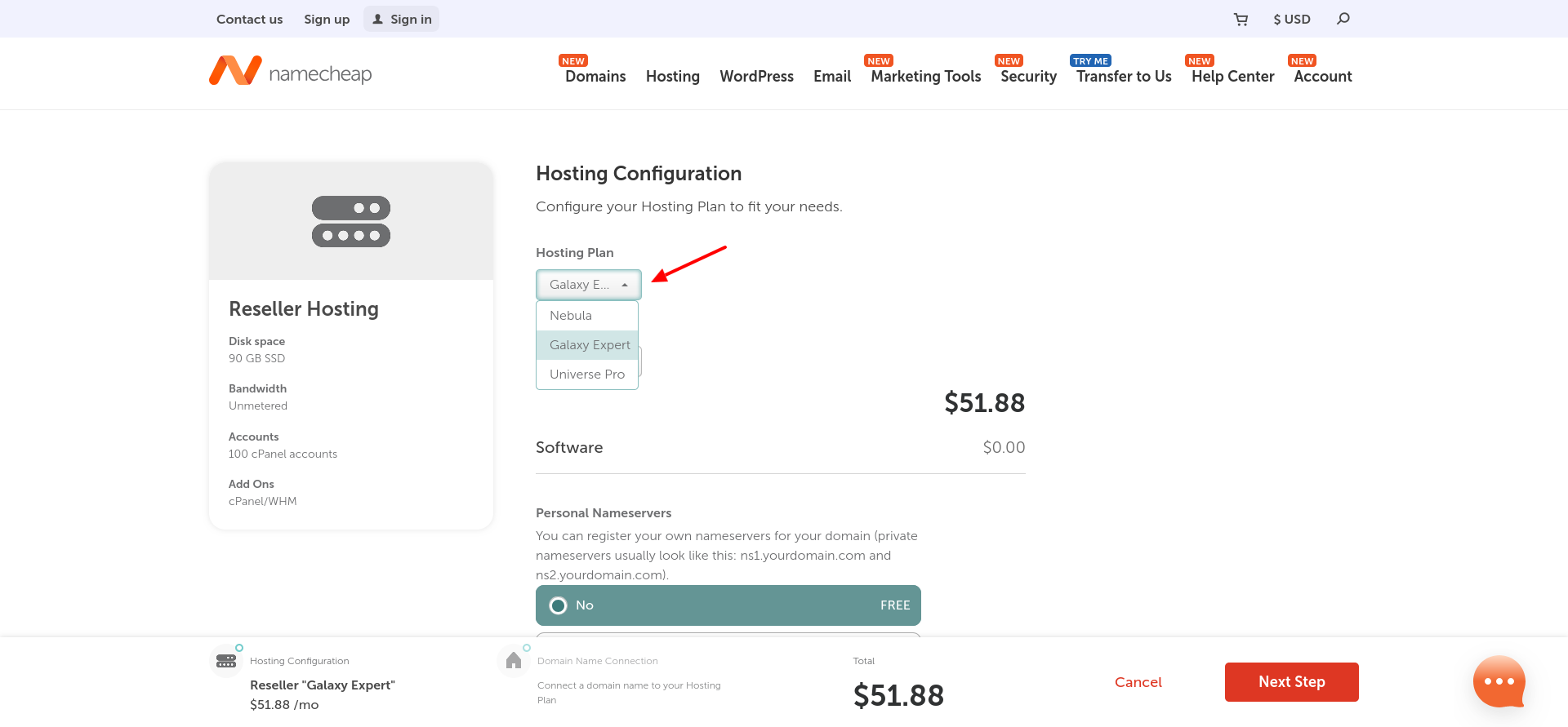 Namecheap hosting configuration dropdown showing the option to switch between Nebula, Galaxy Expert, and Universe Pro.