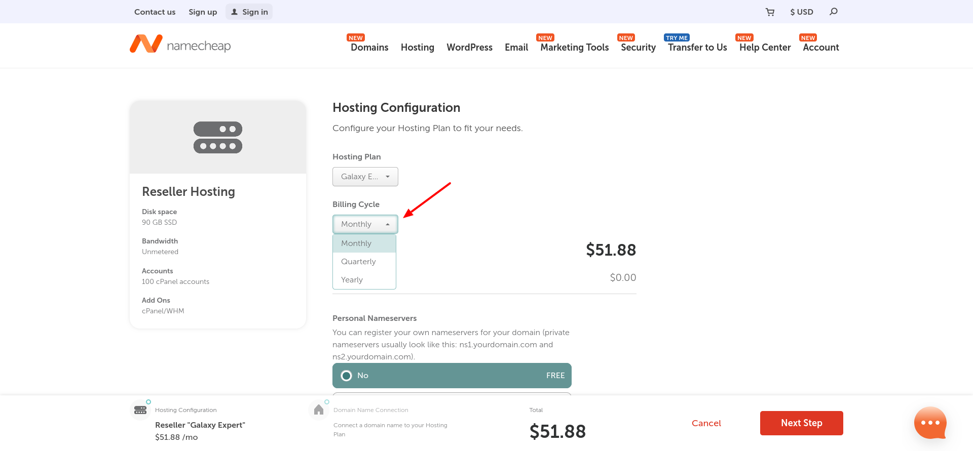 Namecheap reseller hosting billing cycle selector showing monthly, quarterly, and yearly payment options.