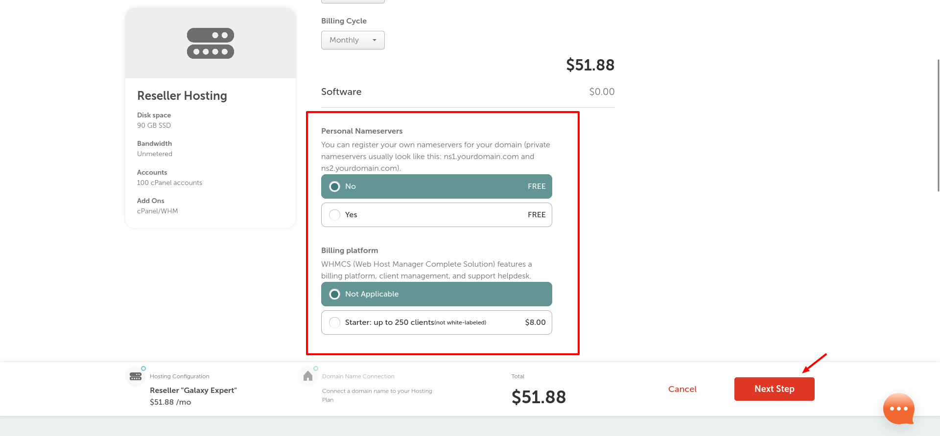 Namecheap reseller hosting configuration showing free personal nameserver options and the optional WHMCS Starter billing platform priced at $8.