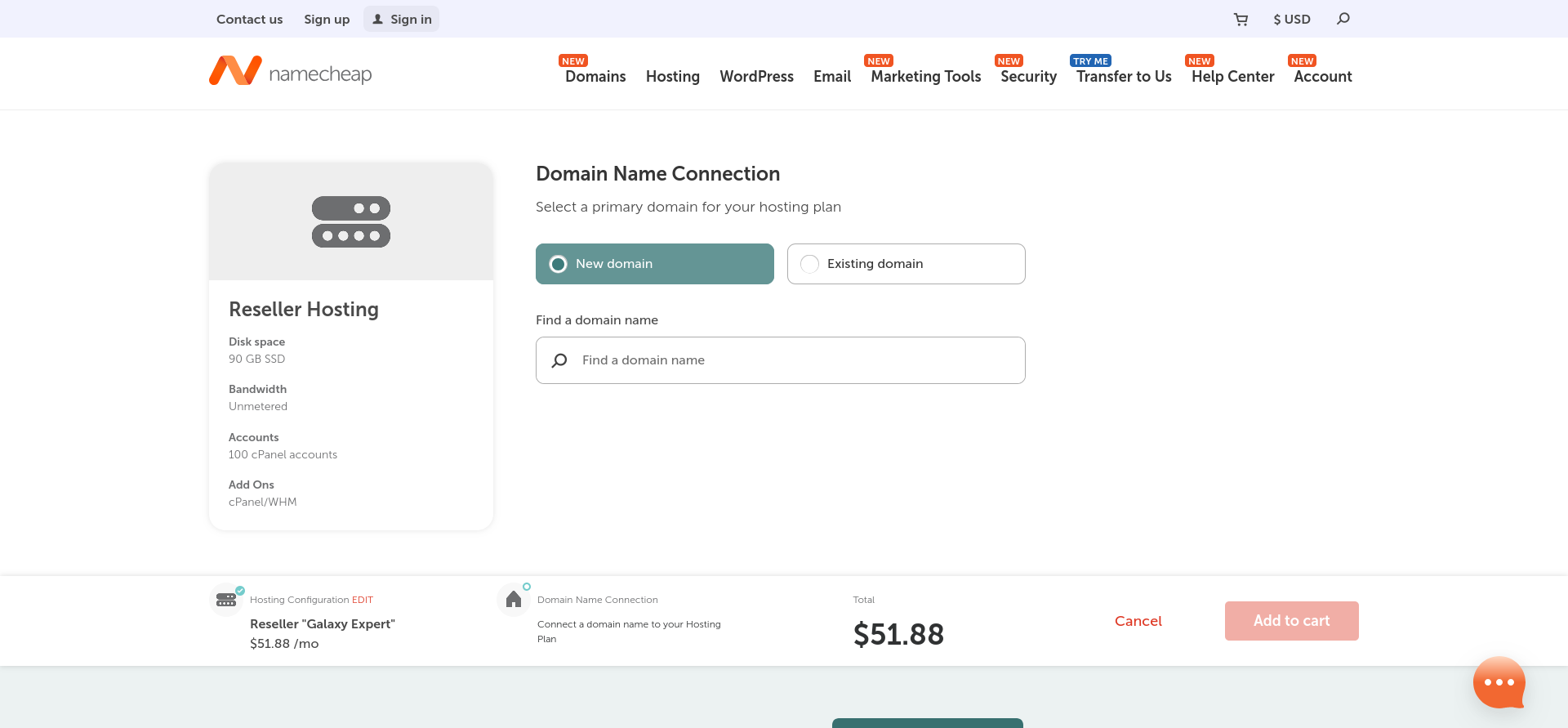 Namecheap Domain Name Connection page displaying the New Domain option and domain search field.