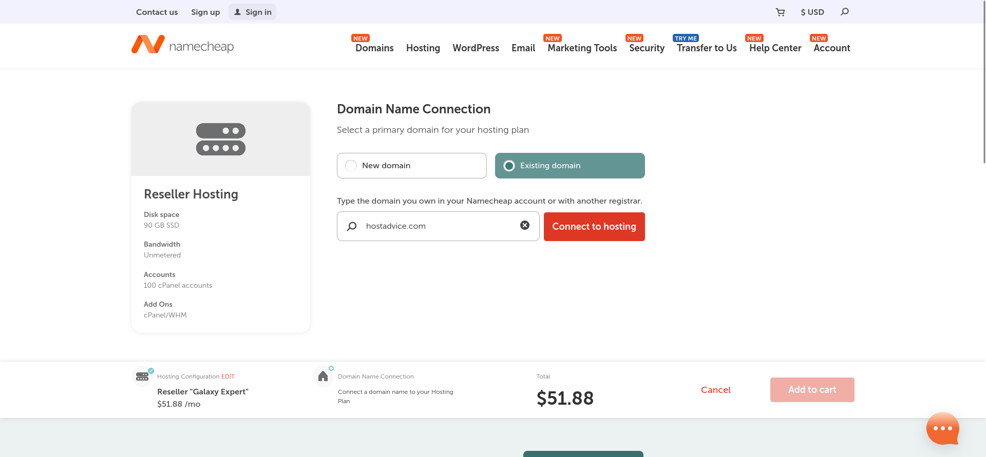 Namecheap reseller hosting domain connection screen showing the Existing Domain option and Connect to Hosting button.