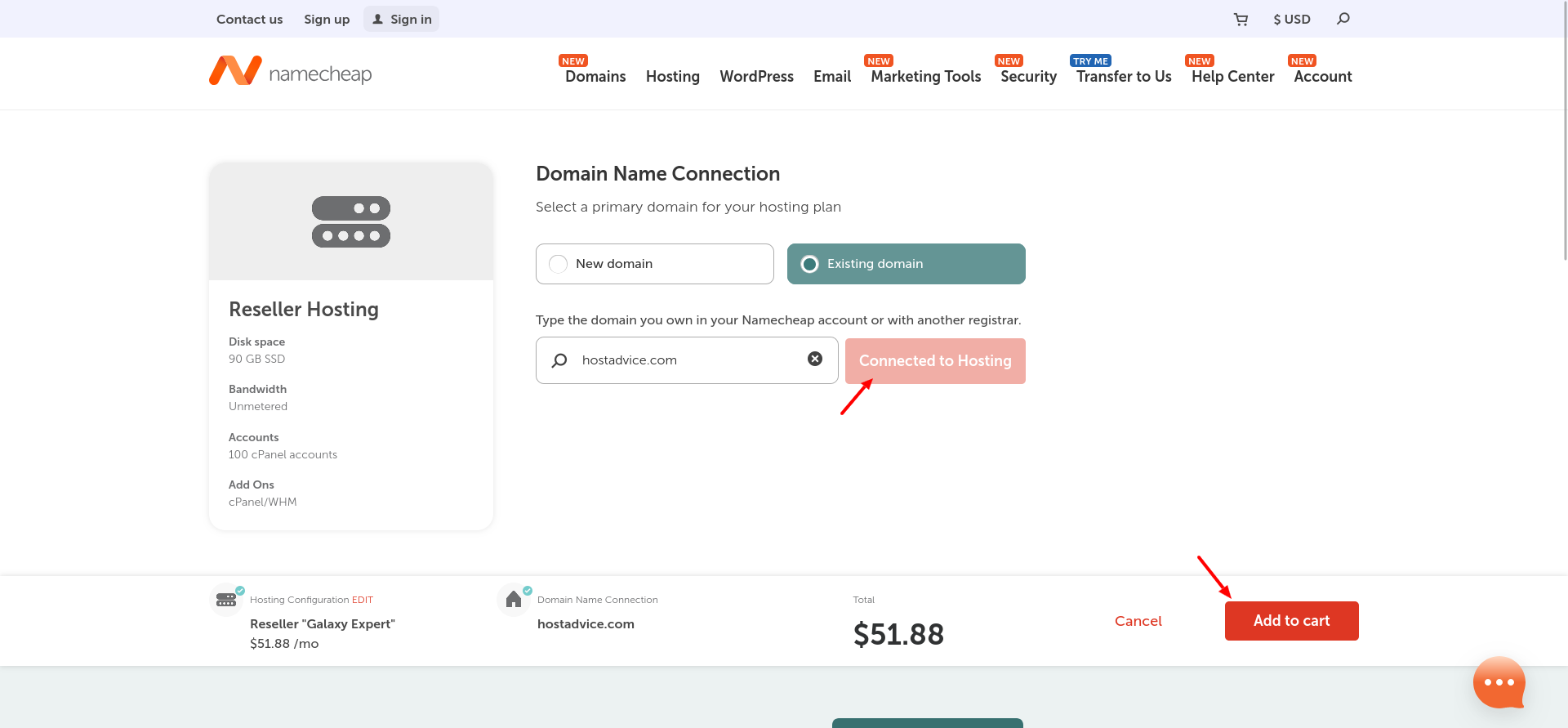 Namecheap Domain Name Connection screen confirming that an existing domain has been connected to the Galaxy Expert hosting order.