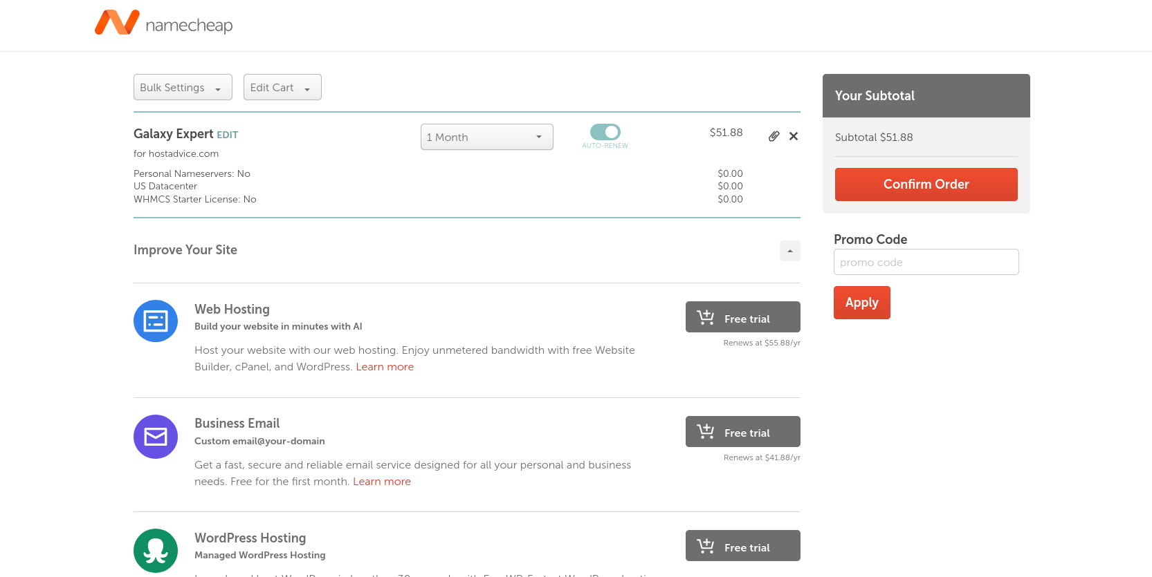 Namecheap shopping cart showing the Galaxy Expert reseller hosting subscription, enabled auto-renewal, promotional code field, and optional hosting, email, SSL, DNS, security, and marketing add-ons.