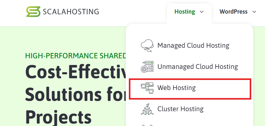 ScalaHosting Hosting dropdown menu and Web Hosting option