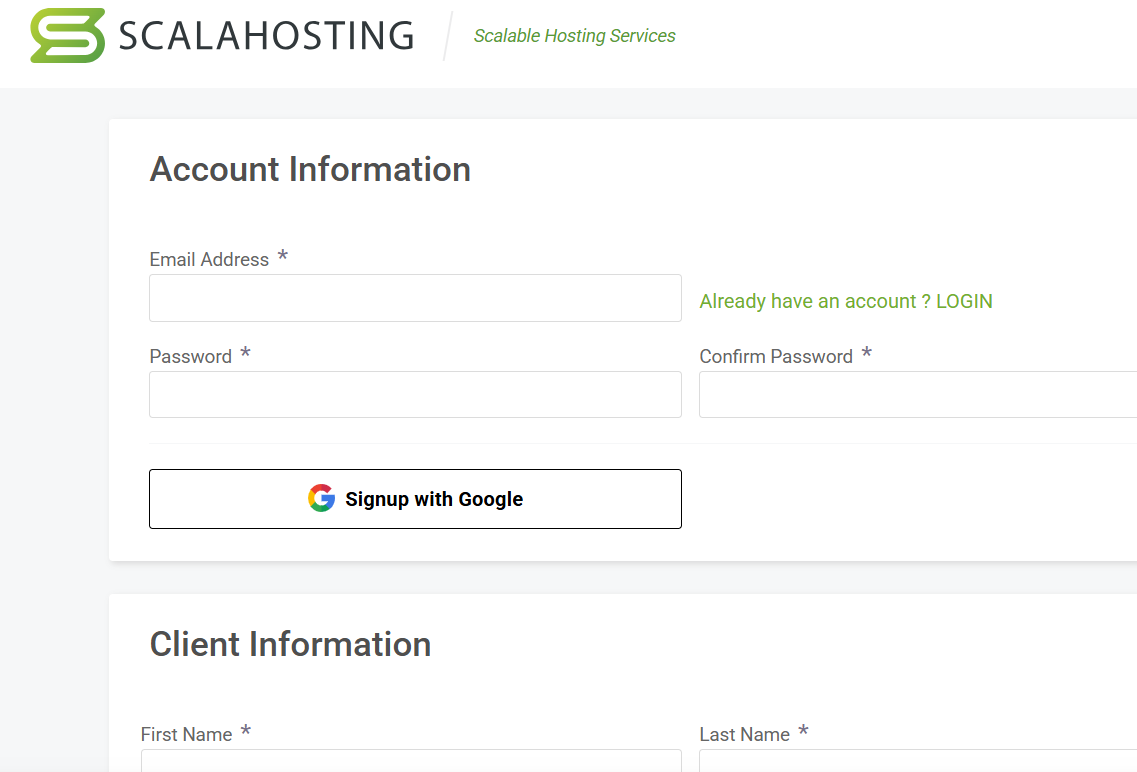 ScalaHosting account login and registration page with Google sign-up option