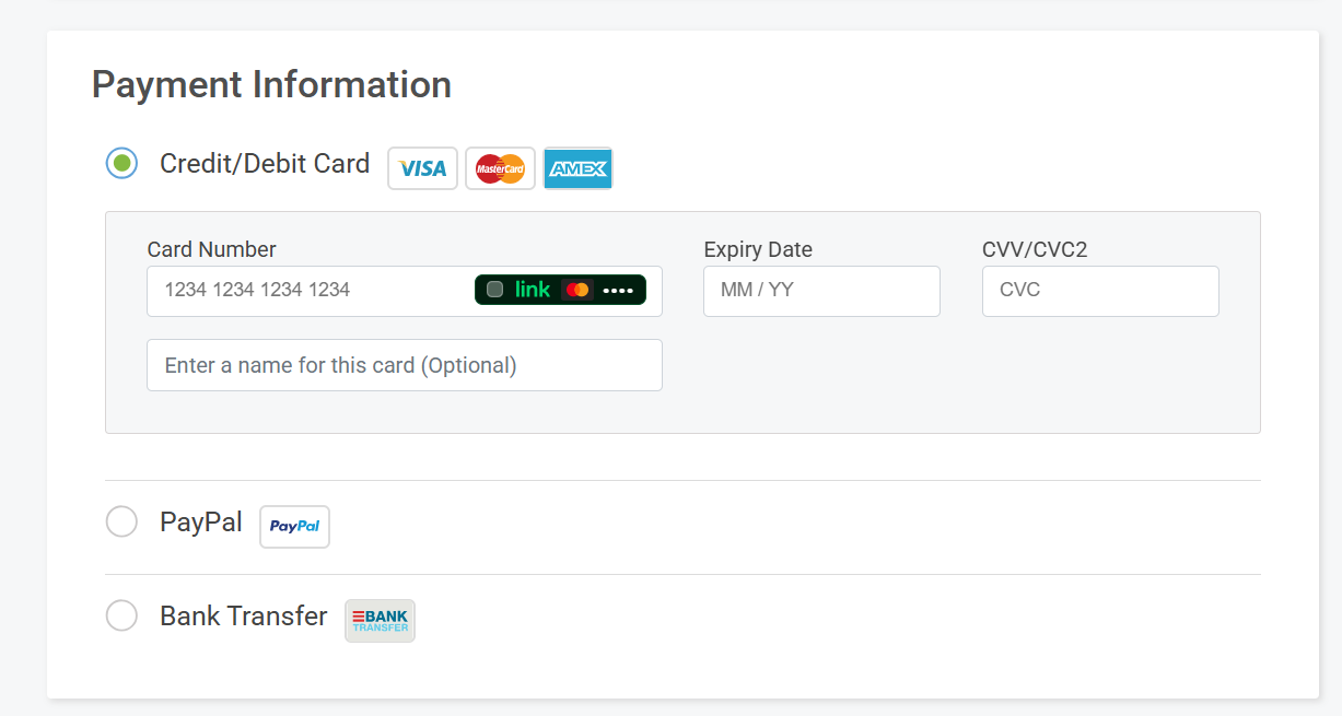 ScalaHosting checkout payment options including credit card PayPal and bank transfer