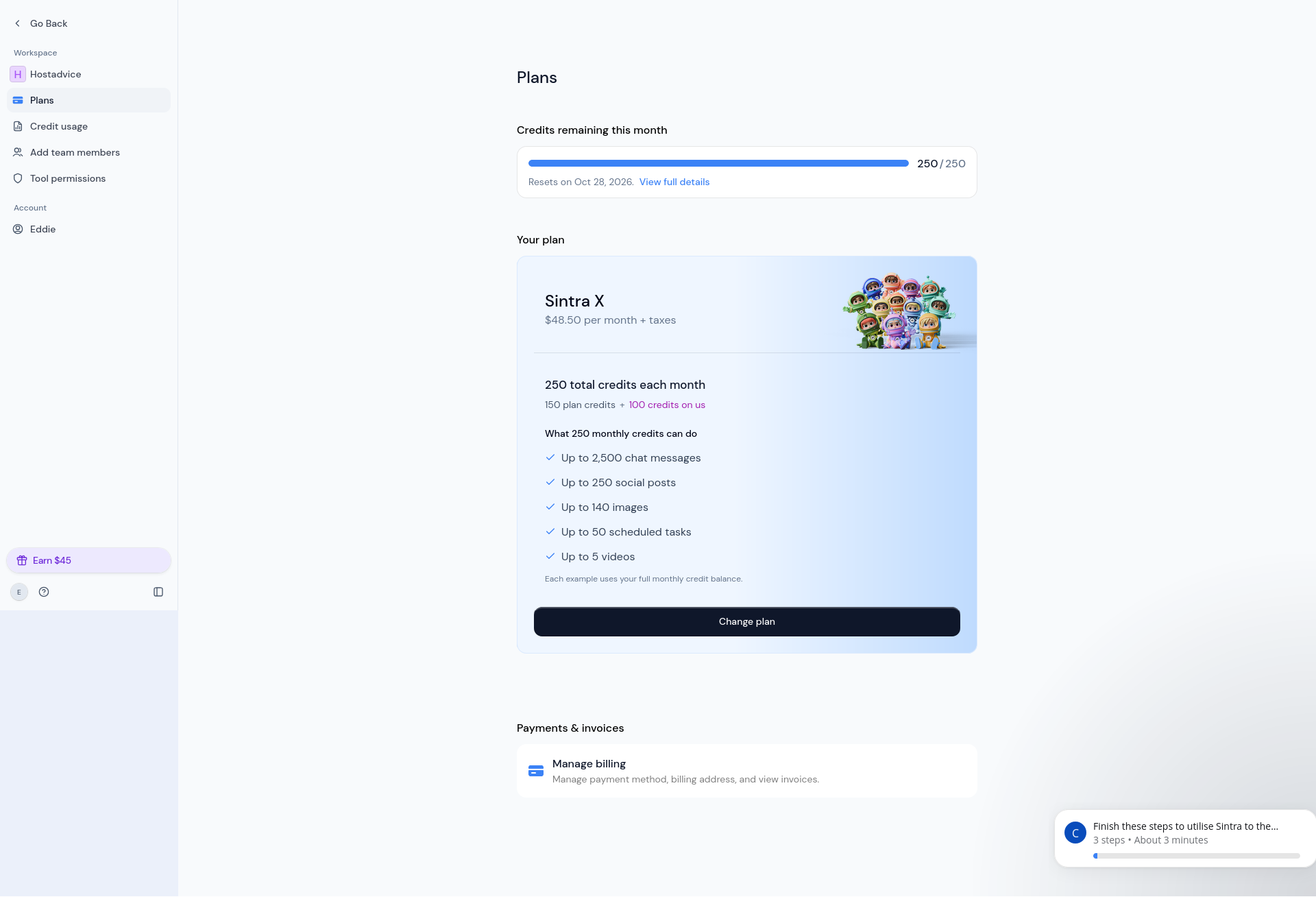 Sintra X plan page showing 250 monthly credits, plan details, and the October reset date.