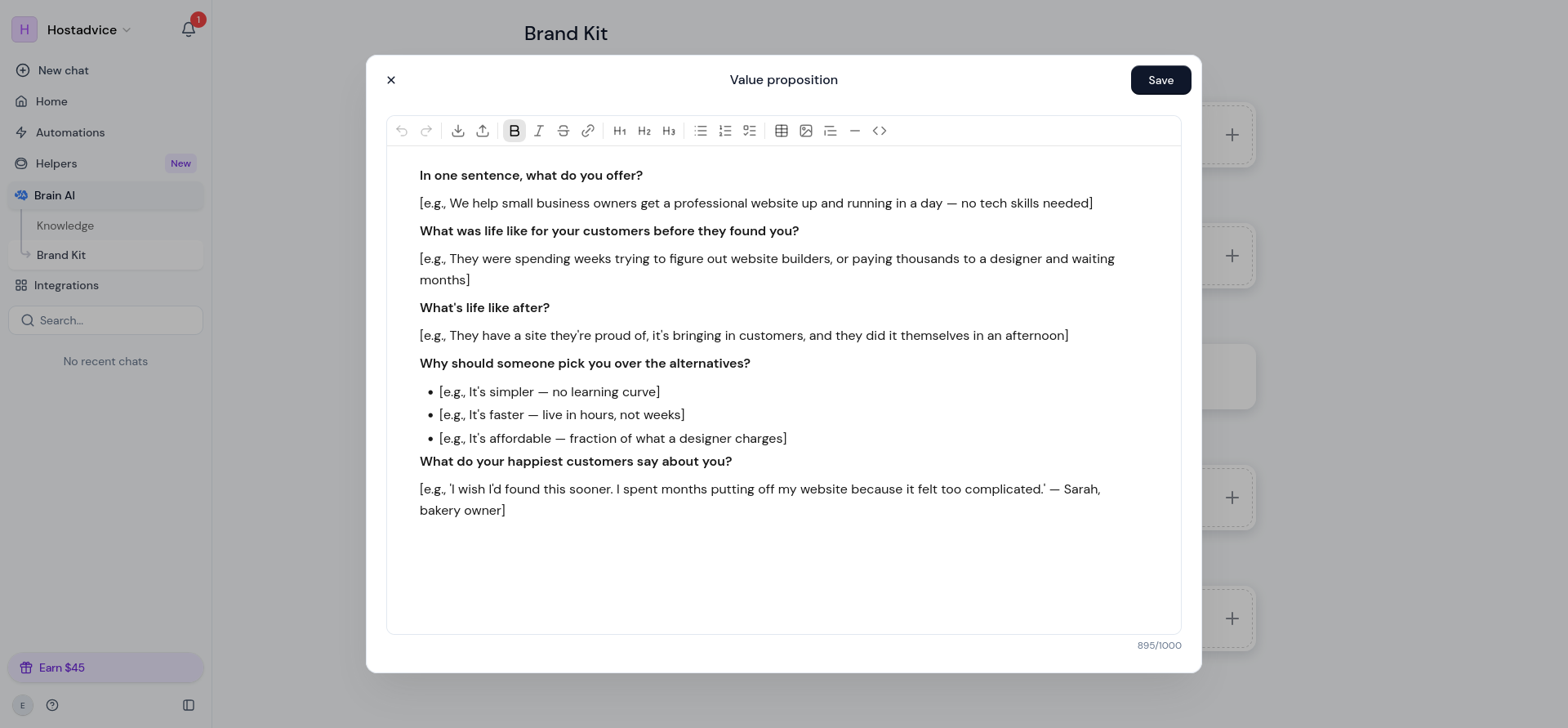 Value Proposition template asking for customer outcomes, differentiation, and customer feedback.