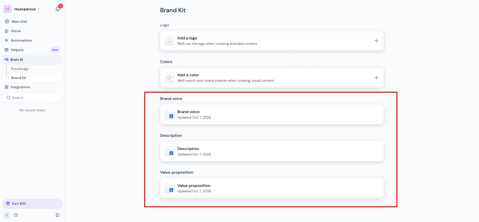 Completed Brand Kit showing saved voice, description, and value proposition entries.