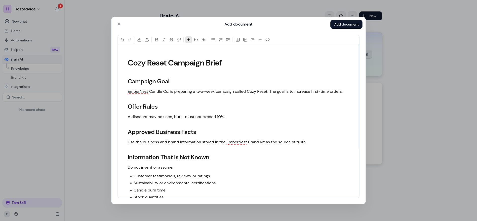 Cozy Reset knowledge document storing campaign rules and explicitly unknown business facts.