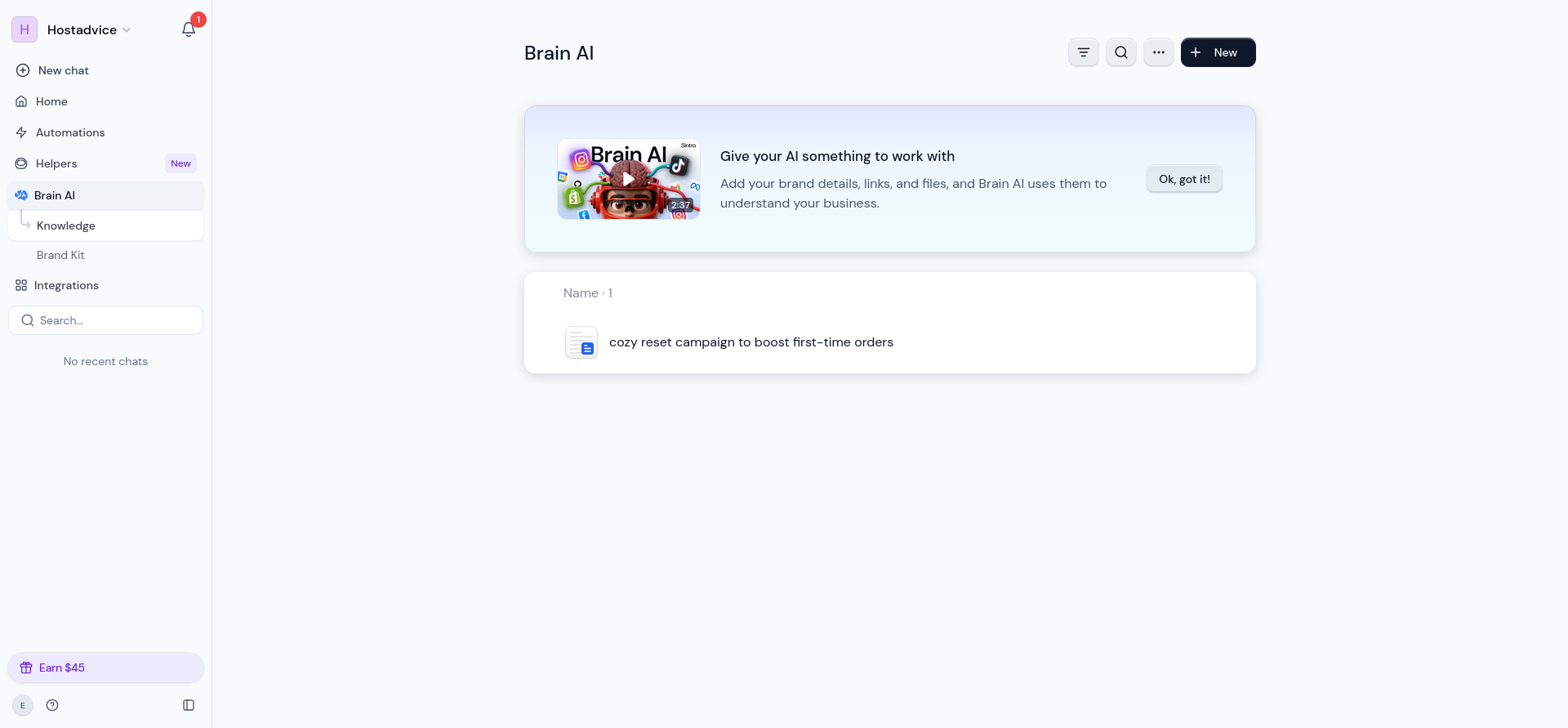 Brain AI Knowledge list showing the saved Cozy Reset campaign document.