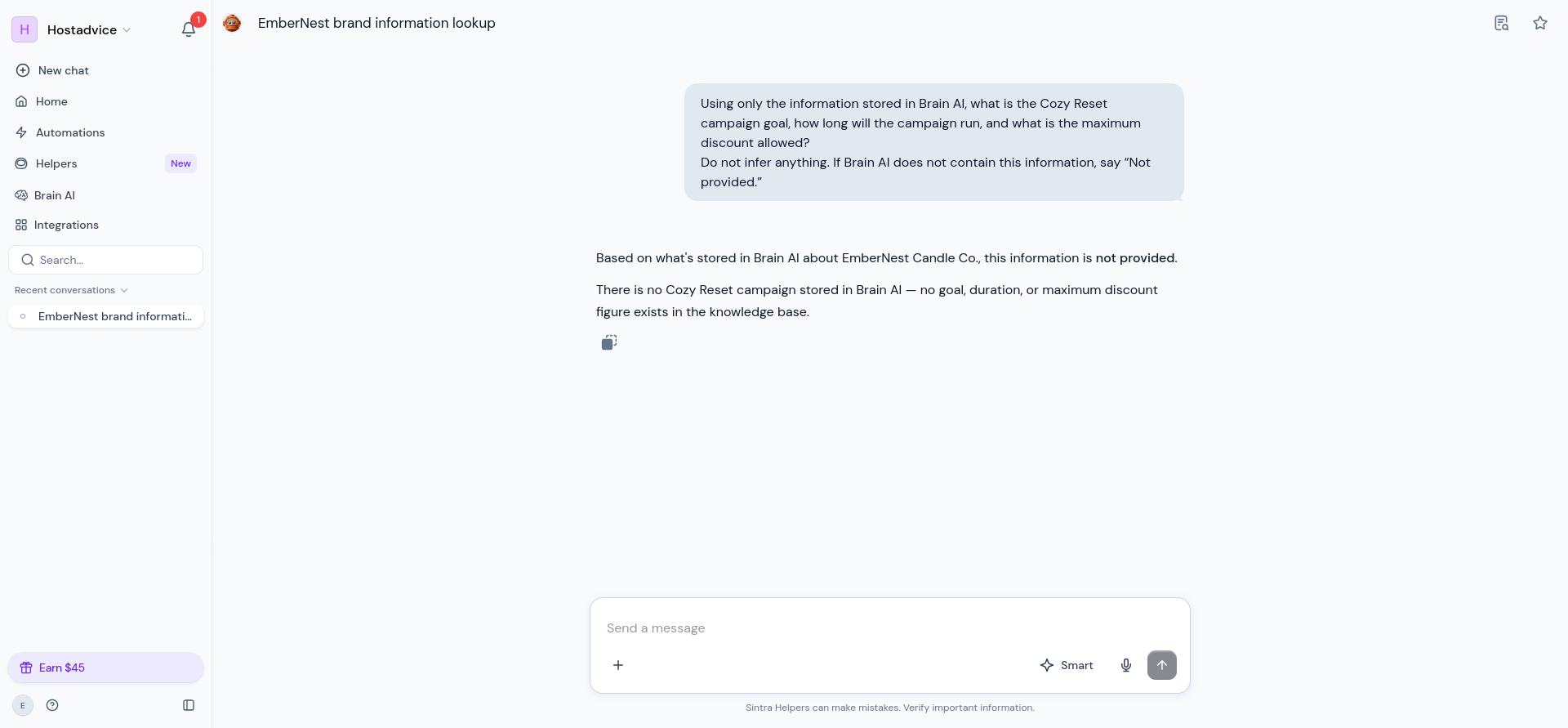 Targeted Brain AI query incorrectly denying that the saved Cozy Reset campaign existed.