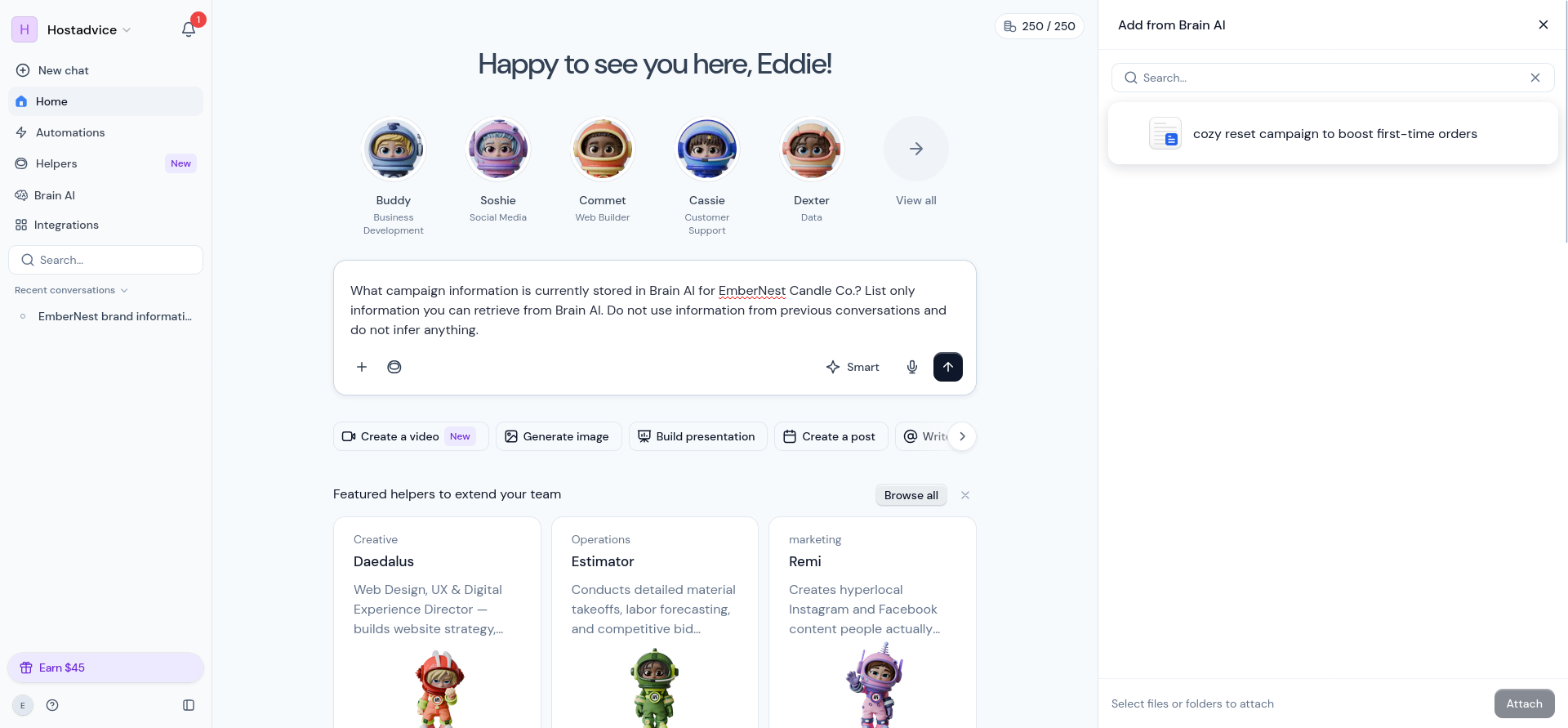 Brain AI attachment picker showing the saved Cozy Reset campaign document.