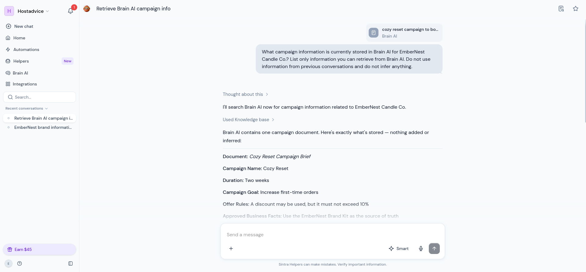 Correct campaign retrieval after explicitly attaching the Brain AI knowledge document.