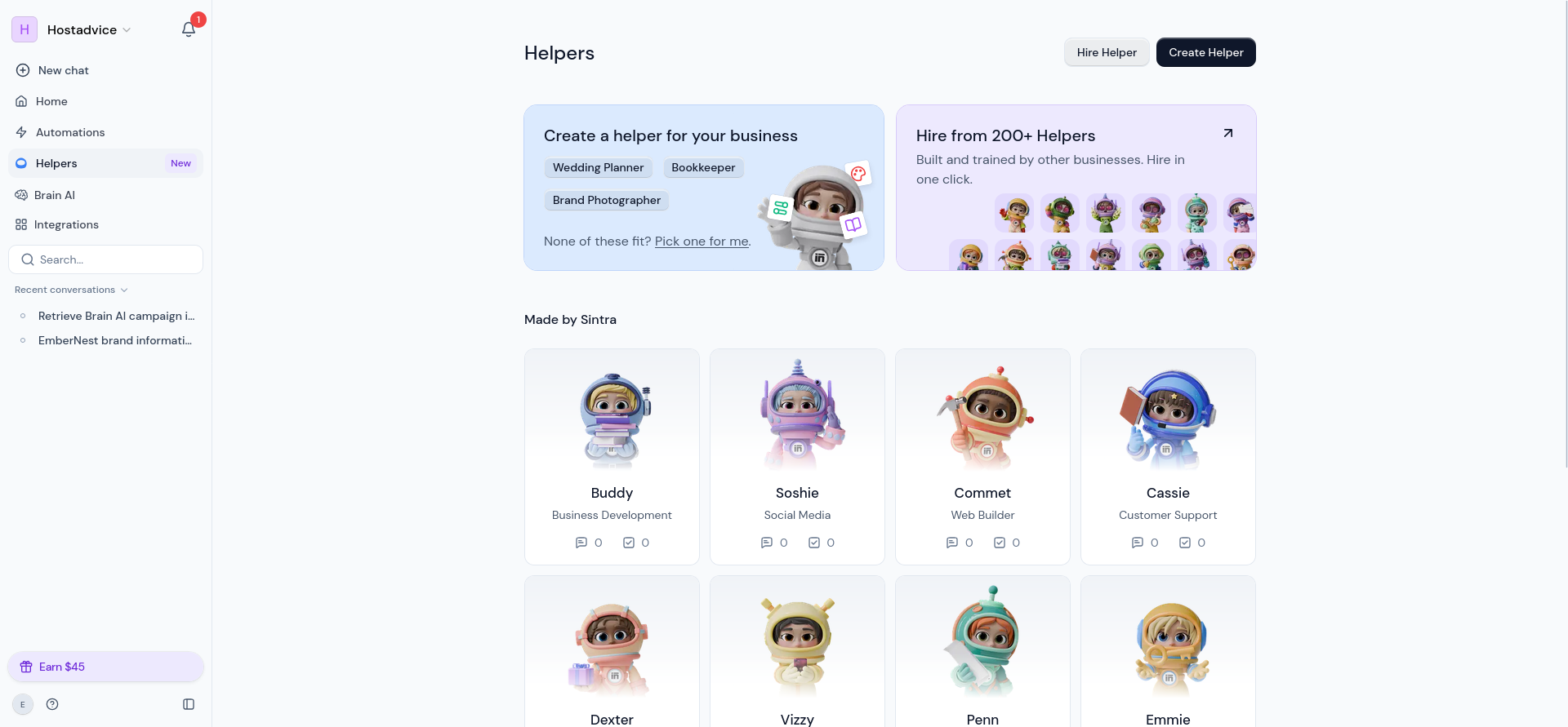 Helper directory showing Sintra’s built-in specialist AI employees and their business roles.