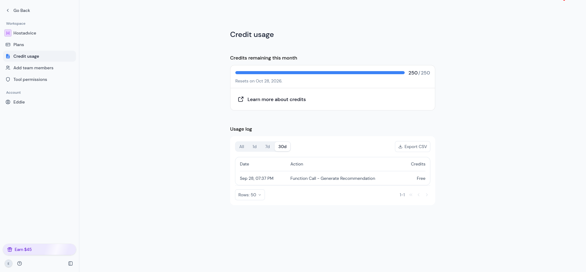 Starting usage log showing 250 credits remaining and one earlier free recommendation call.