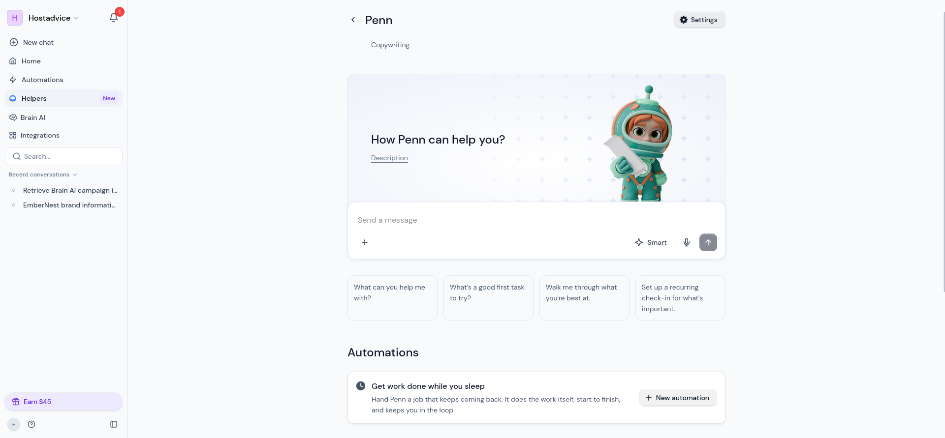 Penn copywriting helper page with direct chat, starter prompts, settings, and automation controls.