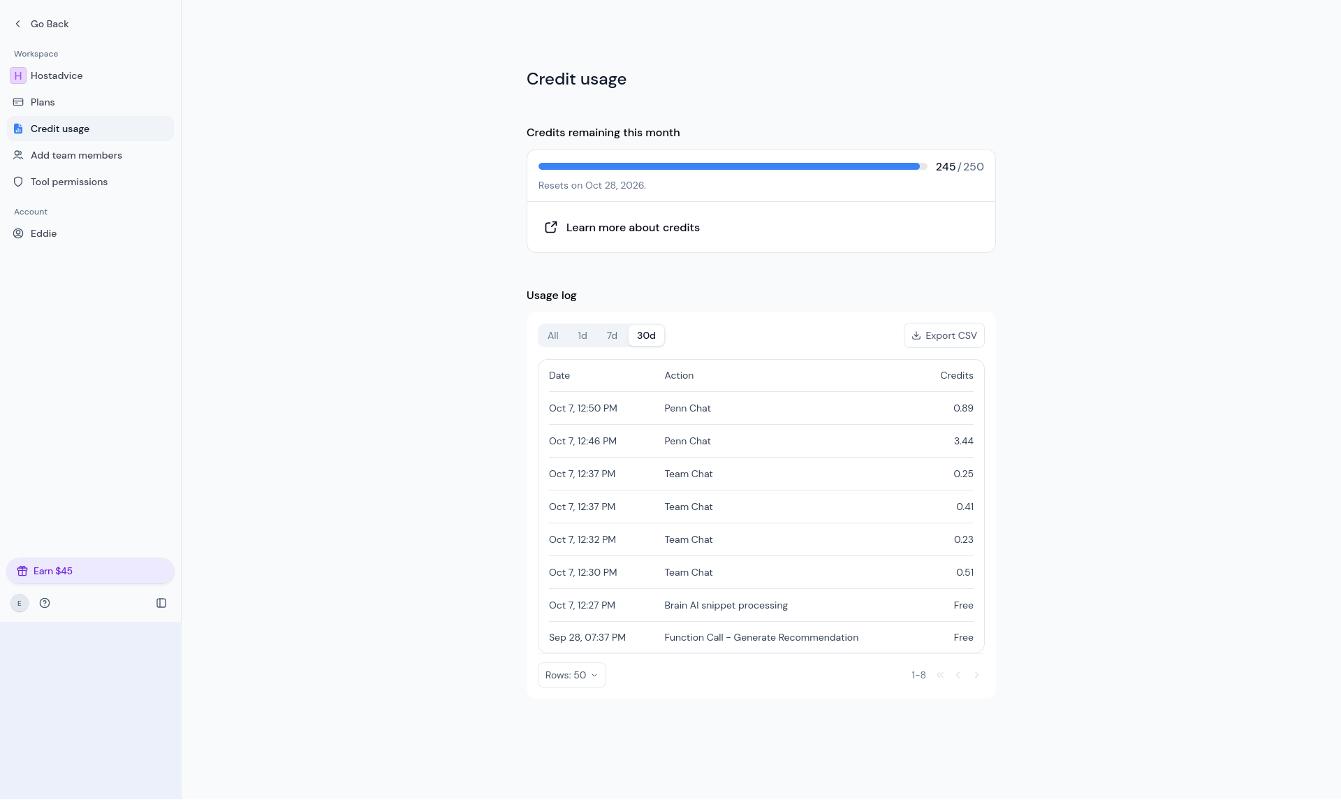 Credit usage log showing 3.44 credits for Penn’s first draft and 0.89 for the revision.