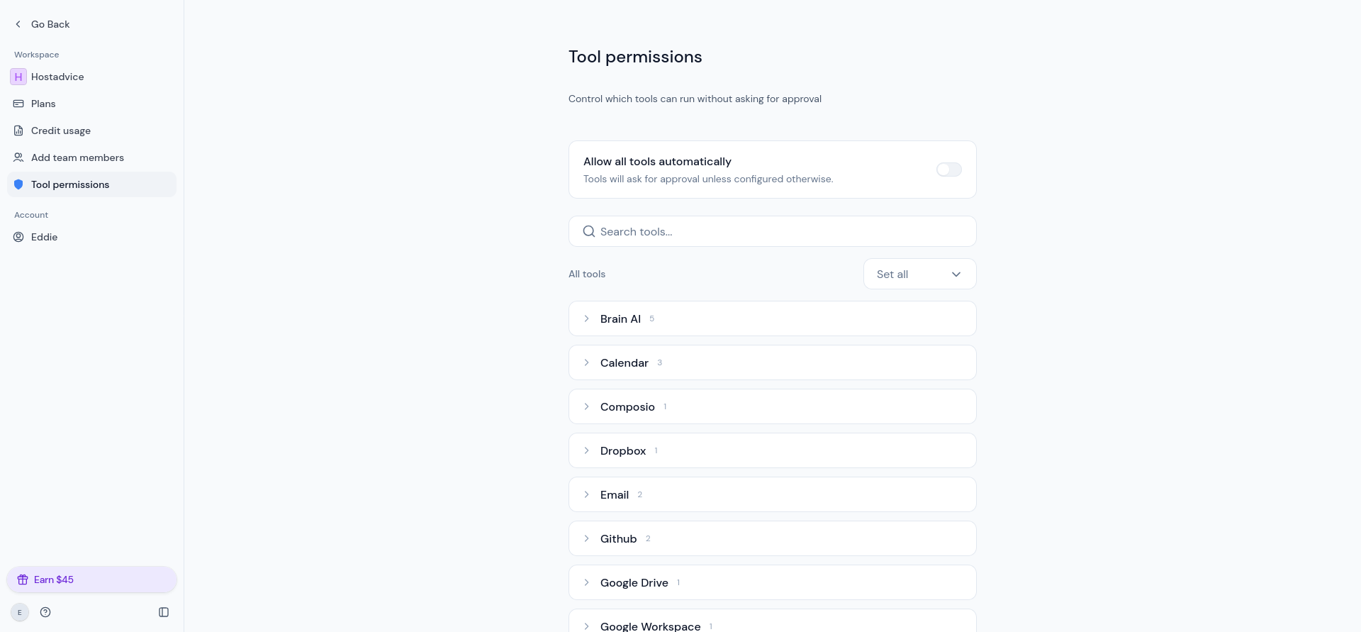 Tool Permissions page showing automatic tool approval disabled by default.