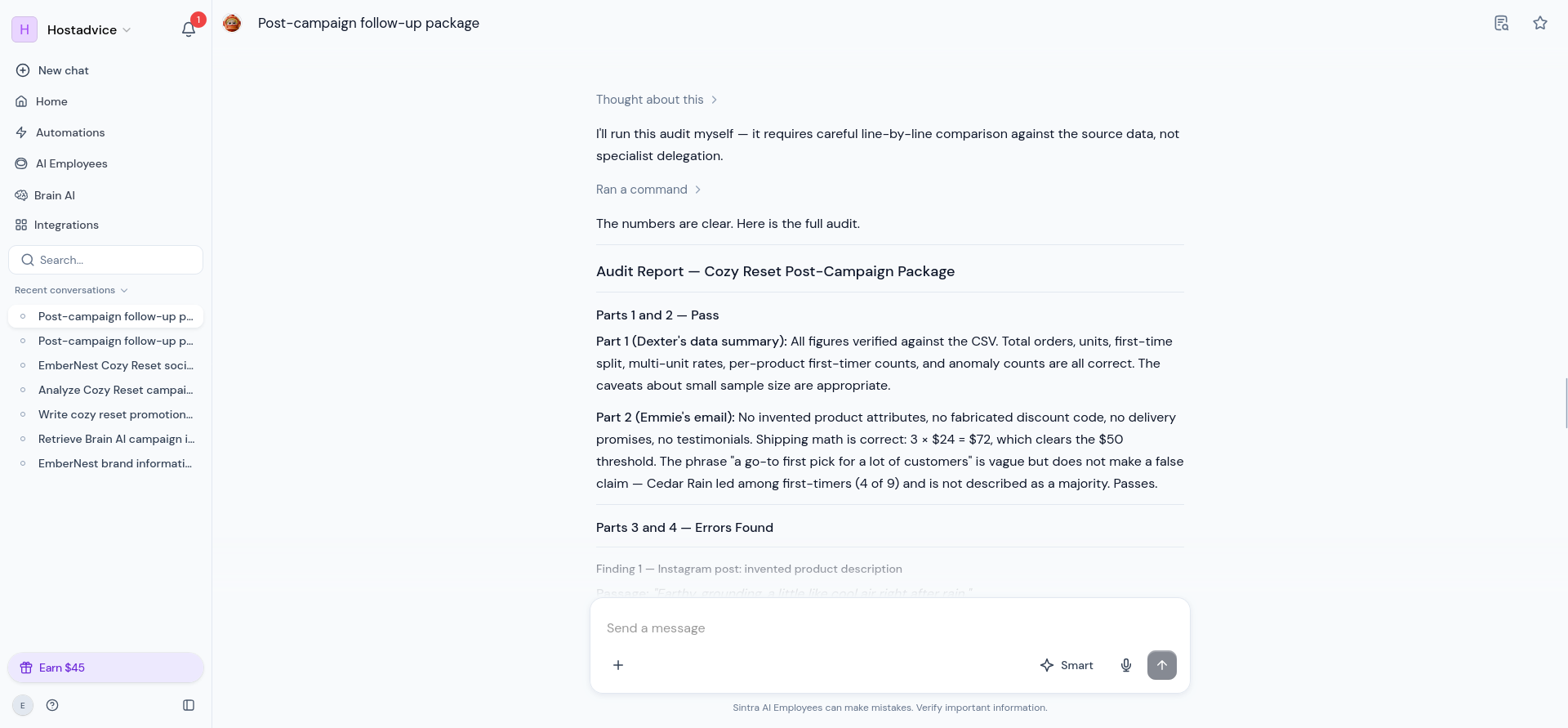 Team Chat self-audit identifying several unsupported claims and the two-candle shipping mistake.