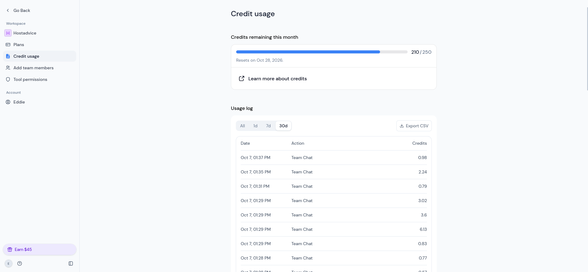 Credit usage after Team Chat showing many separate collaboration charges and 210 credits remaining.