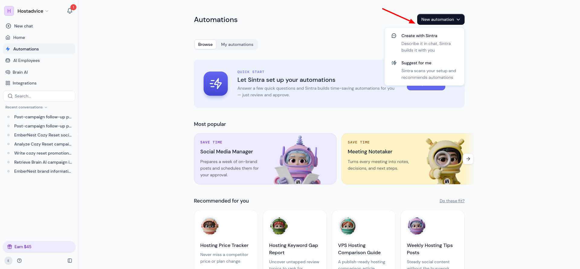 Automations page showing Create with Sintra, Suggest for me, and prebuilt workflow options.