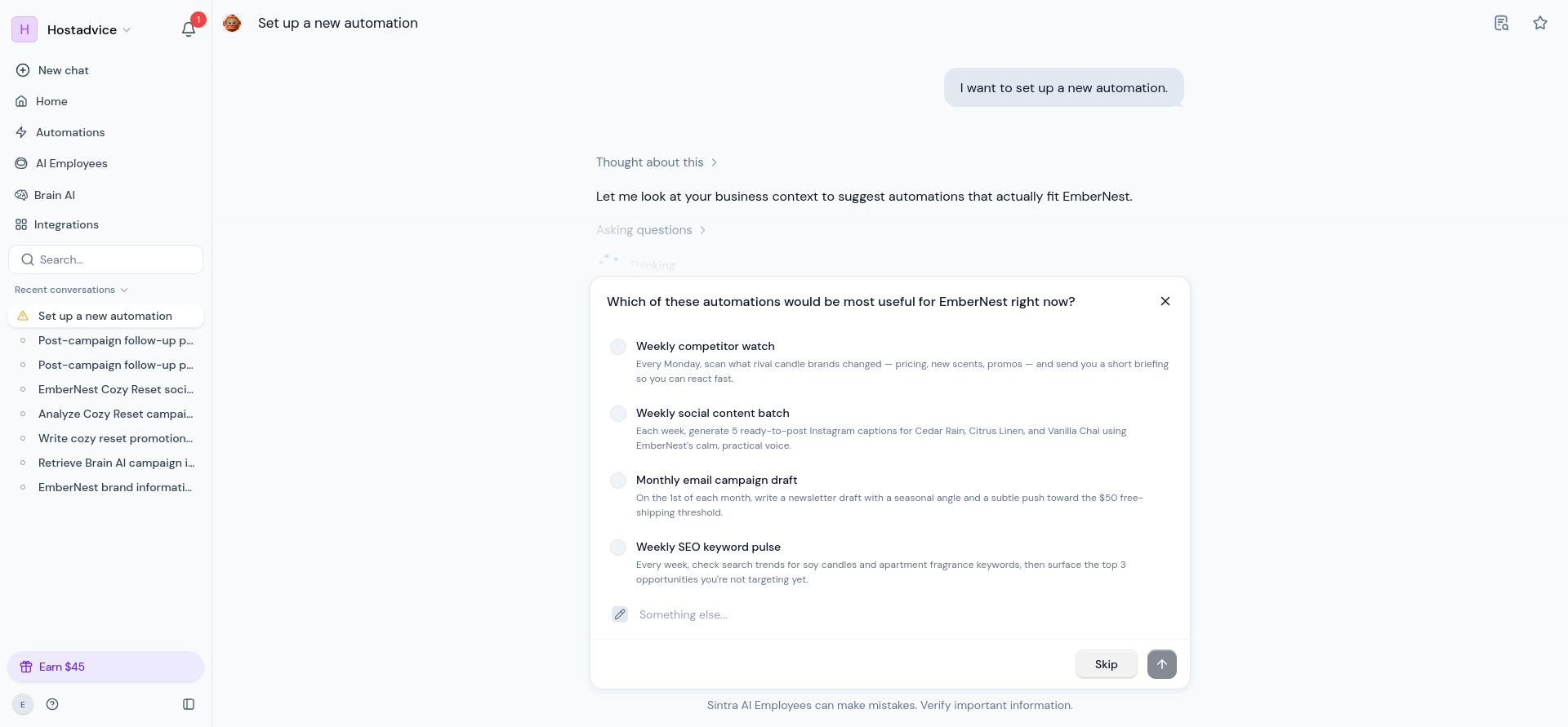Automation setup suggesting EmberNest-specific recurring jobs from stored business context.