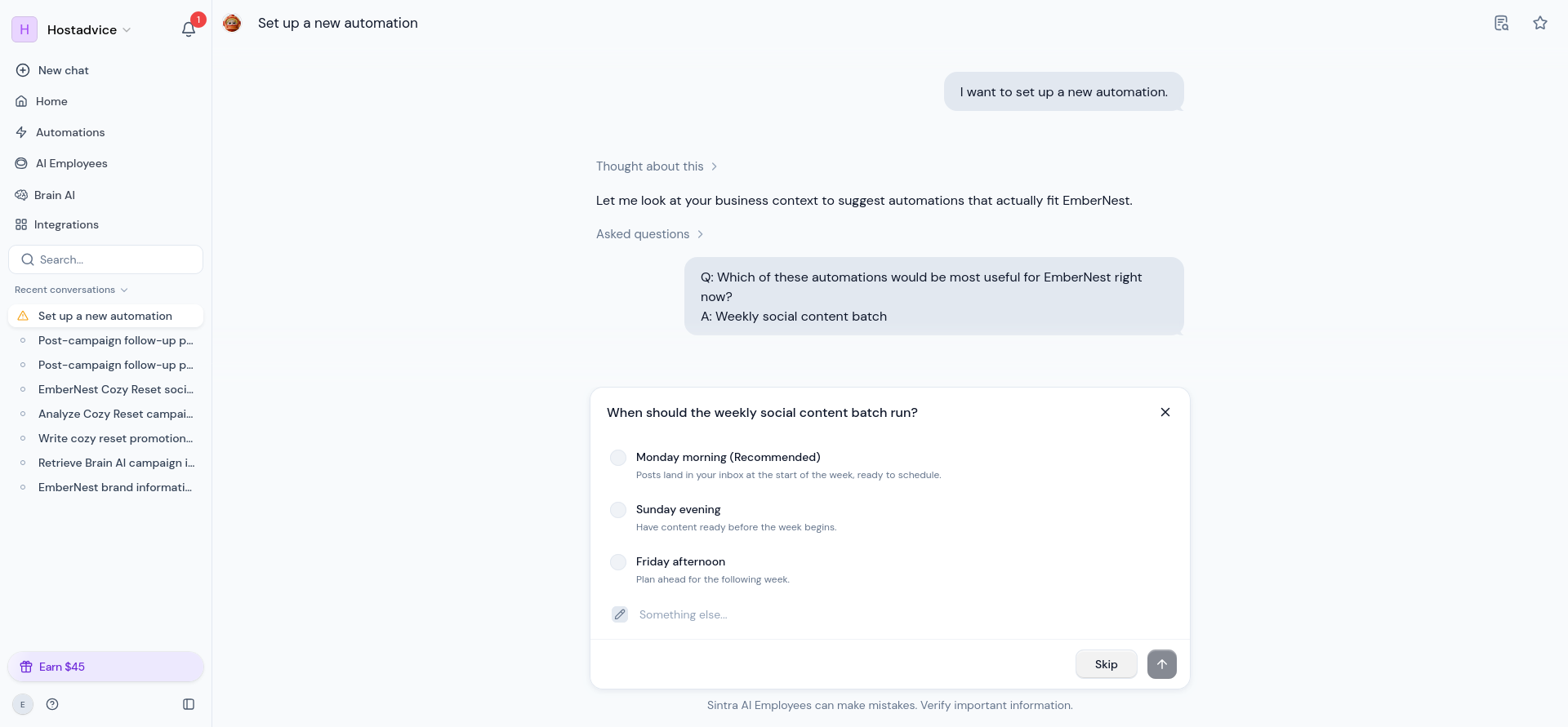 Scheduling step offering recommended weekly run times and a custom option.