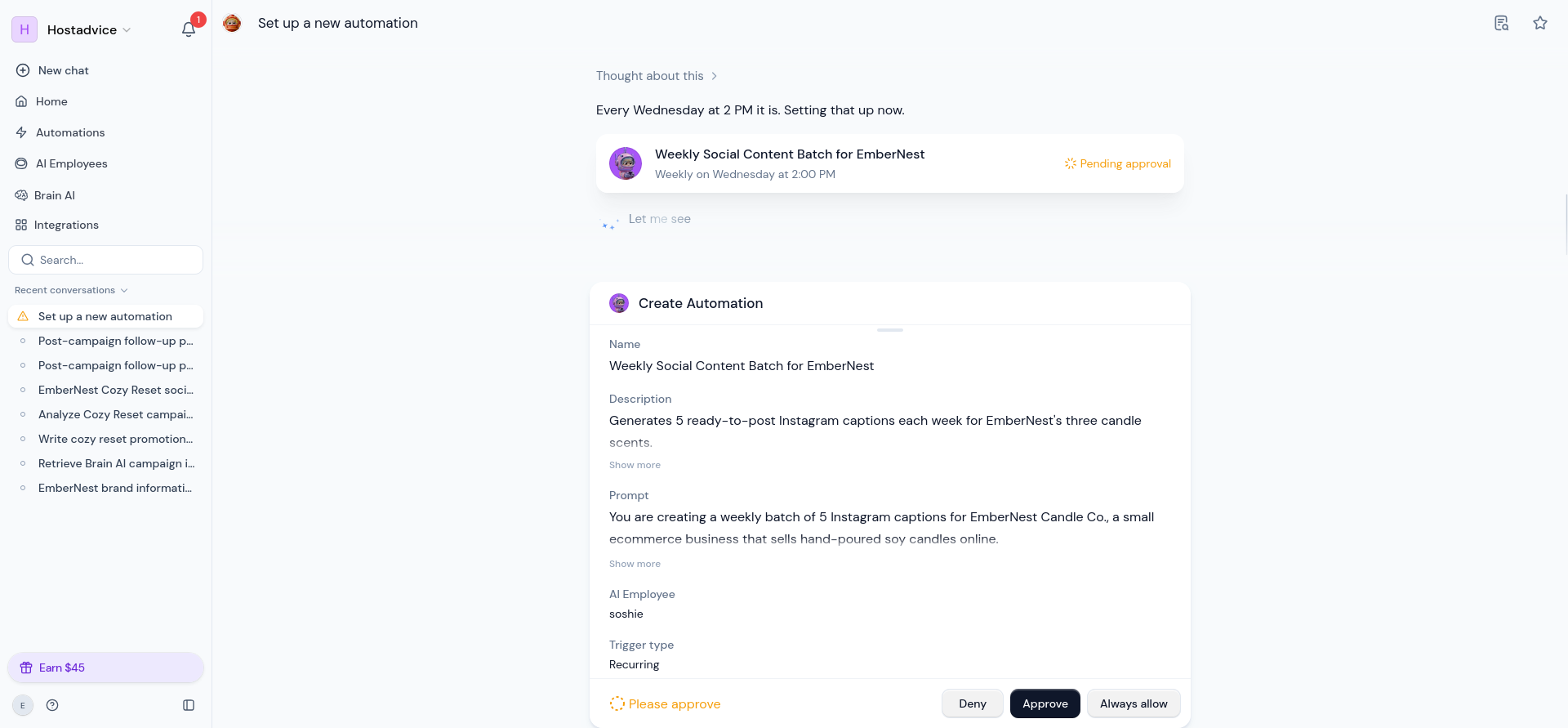 Generated Soshie automation awaiting approval with its recurring Wednesday schedule.