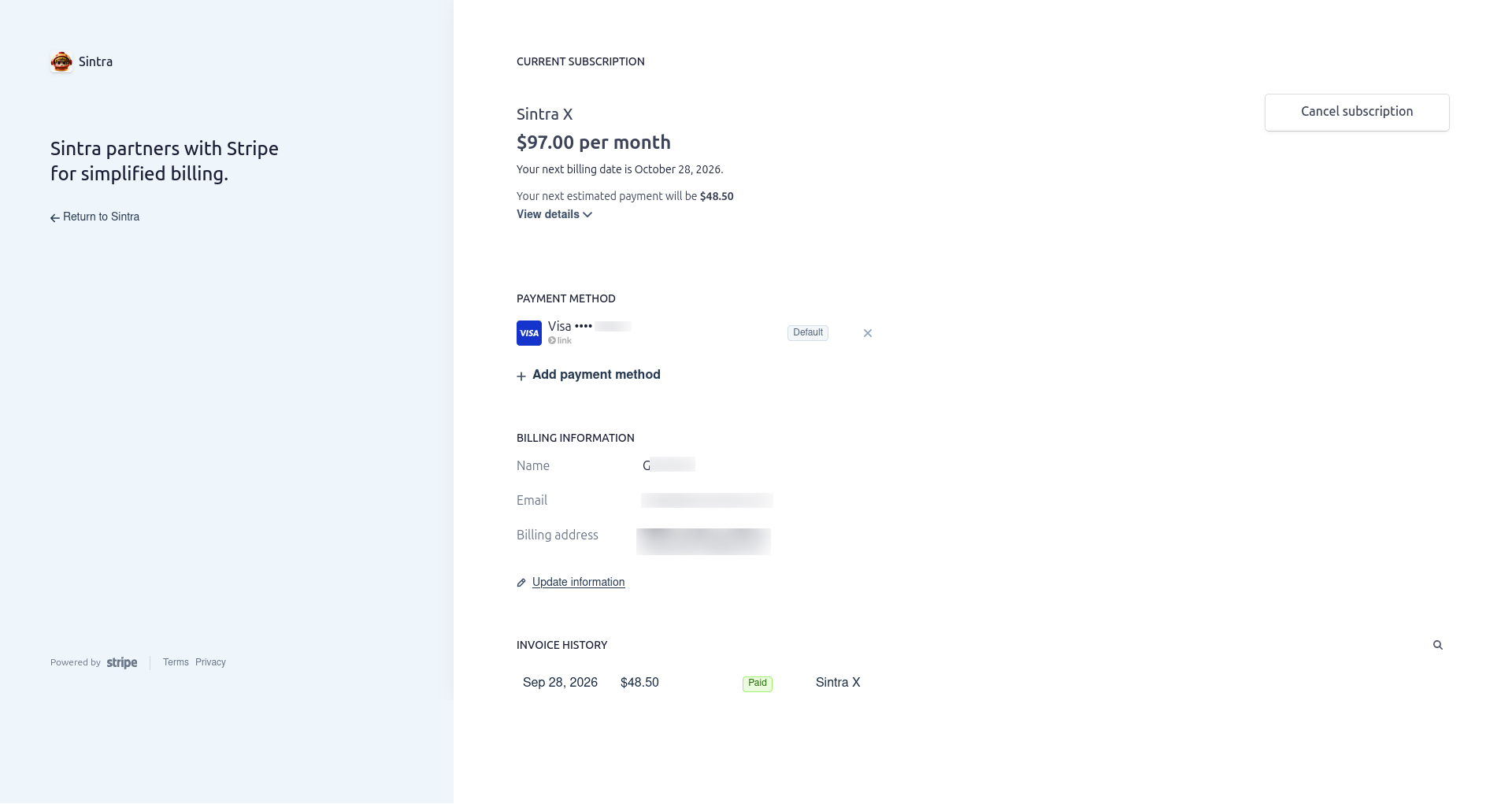 Stripe billing portal showing the Sintra X subscription, paid invoice, and next billing date.